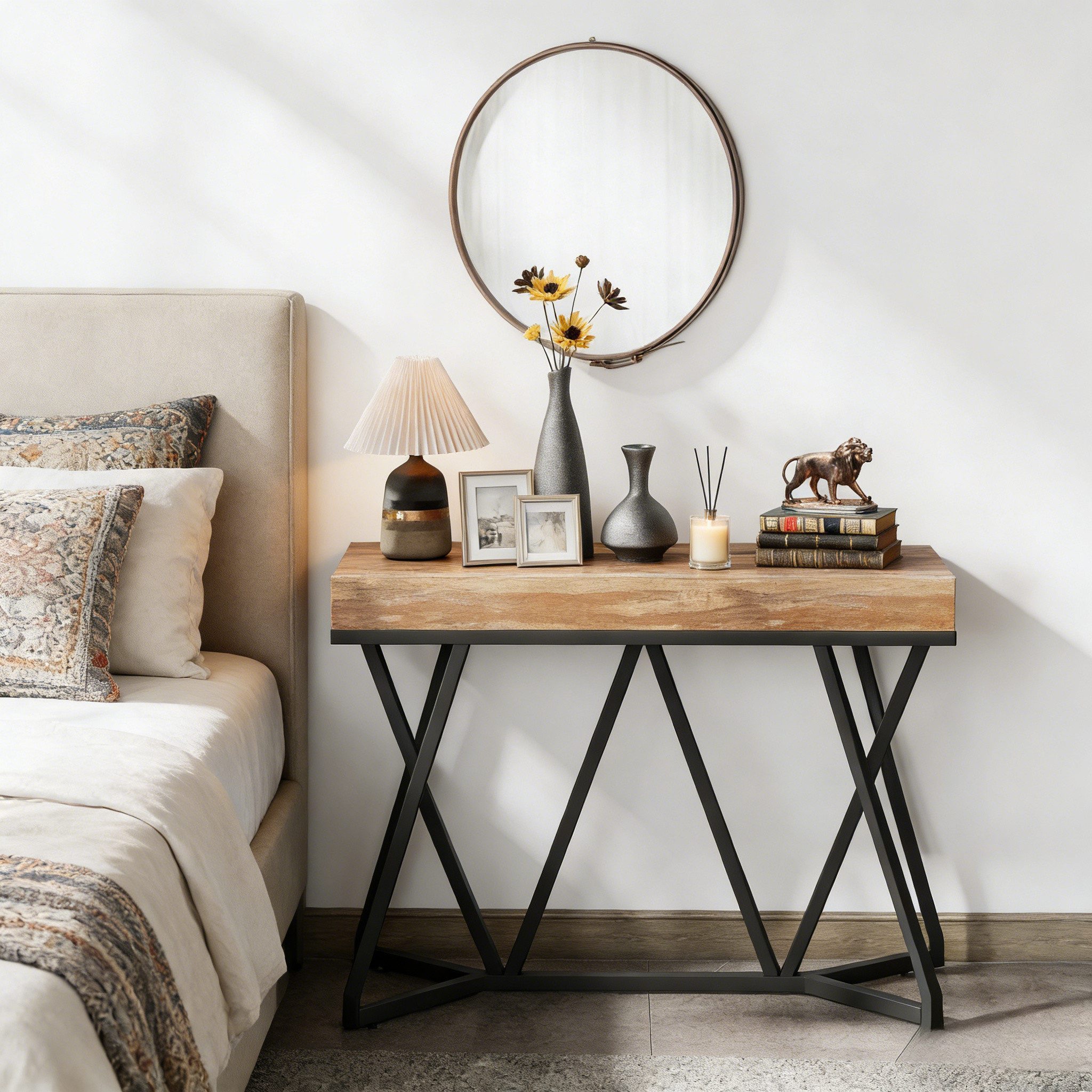 Celya Konsolentisch 140cm Konsolentisch, Holz-Eingangstisch mit einzigartigem Metallsockel