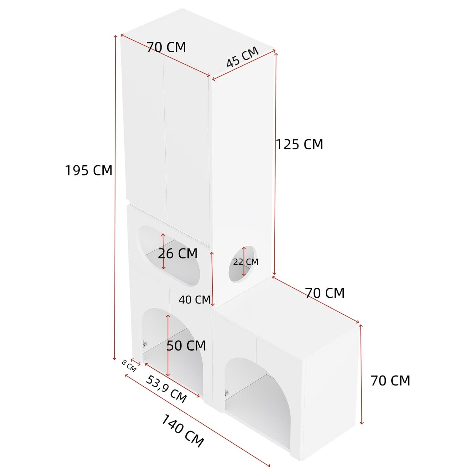 ANYSUN Tierhaus Katzentoilettenschrank mit Stauraum,Platz für 2 Katzentoiletten,weiß, Haustierschrank,Hochschrank mit Ruhebereich,Regal,140×45×195cm