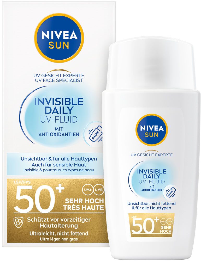 Nivea Sun Sonnenschutzfluid Invisible Daily UV-Fluid LSF 50+, für das Gesicht, mit Niacinamid, nicht fettend, zieht sofort ein