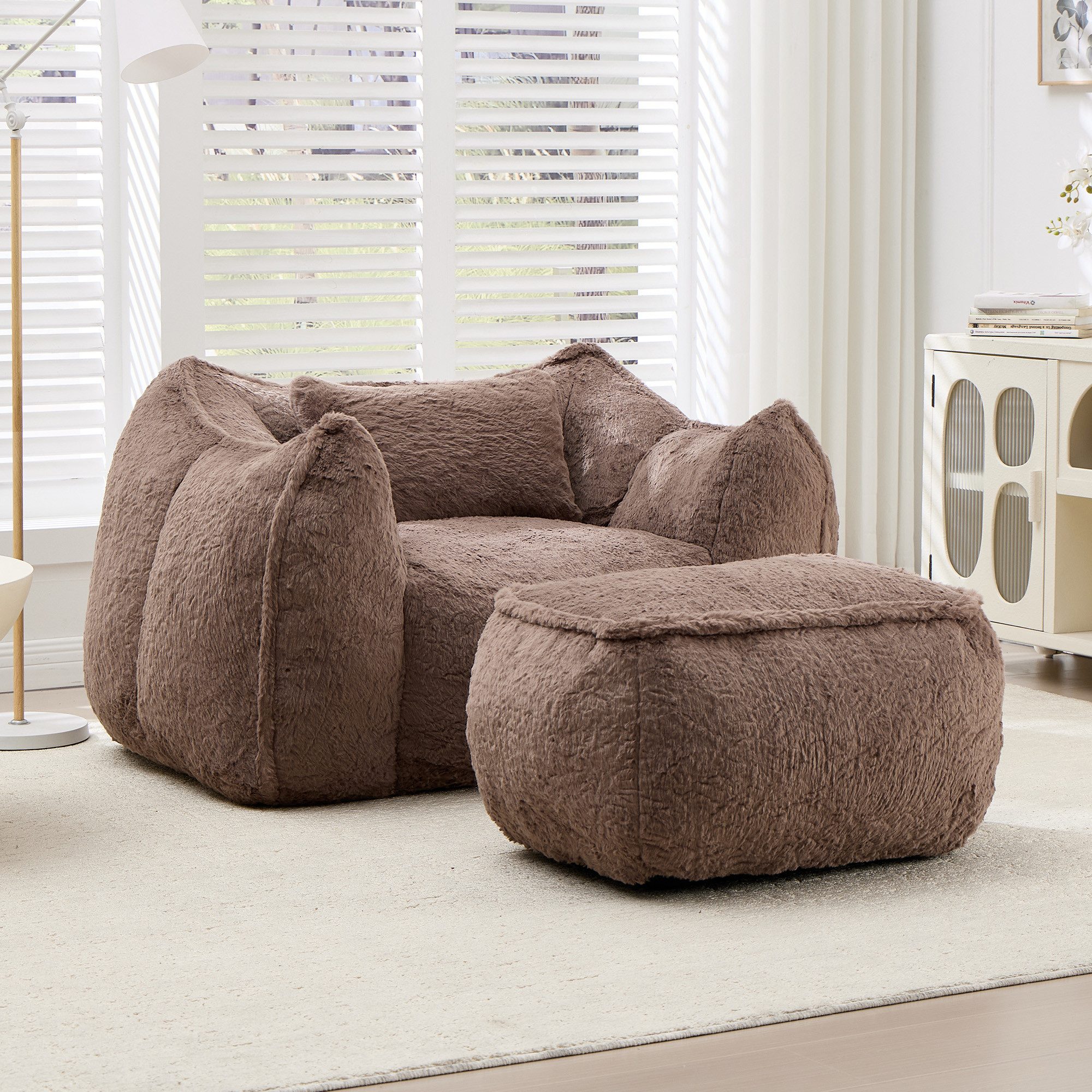 Vankel Relaxliege Sofas Wohnzimmer Loungesessel mit Hocker aus Kunstfell weich, Bean Bag Sessel mit Fußhocker, Schaumstofffüllung & Komfort