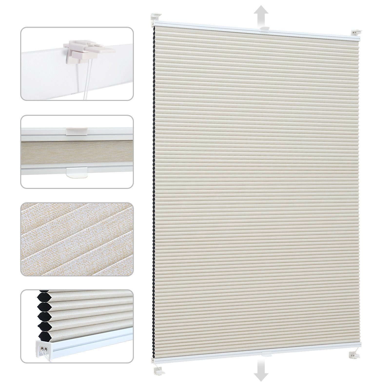 Sekey Wabenplissee Plissee ohne Bohren Verdunkelung Rollo 100% verdunkelnd Blickdicht, verdunkelnd, Klemmfix, Doppelseitige Schiene, Beige mit Textiloptik Thermo-Wabenplissee
