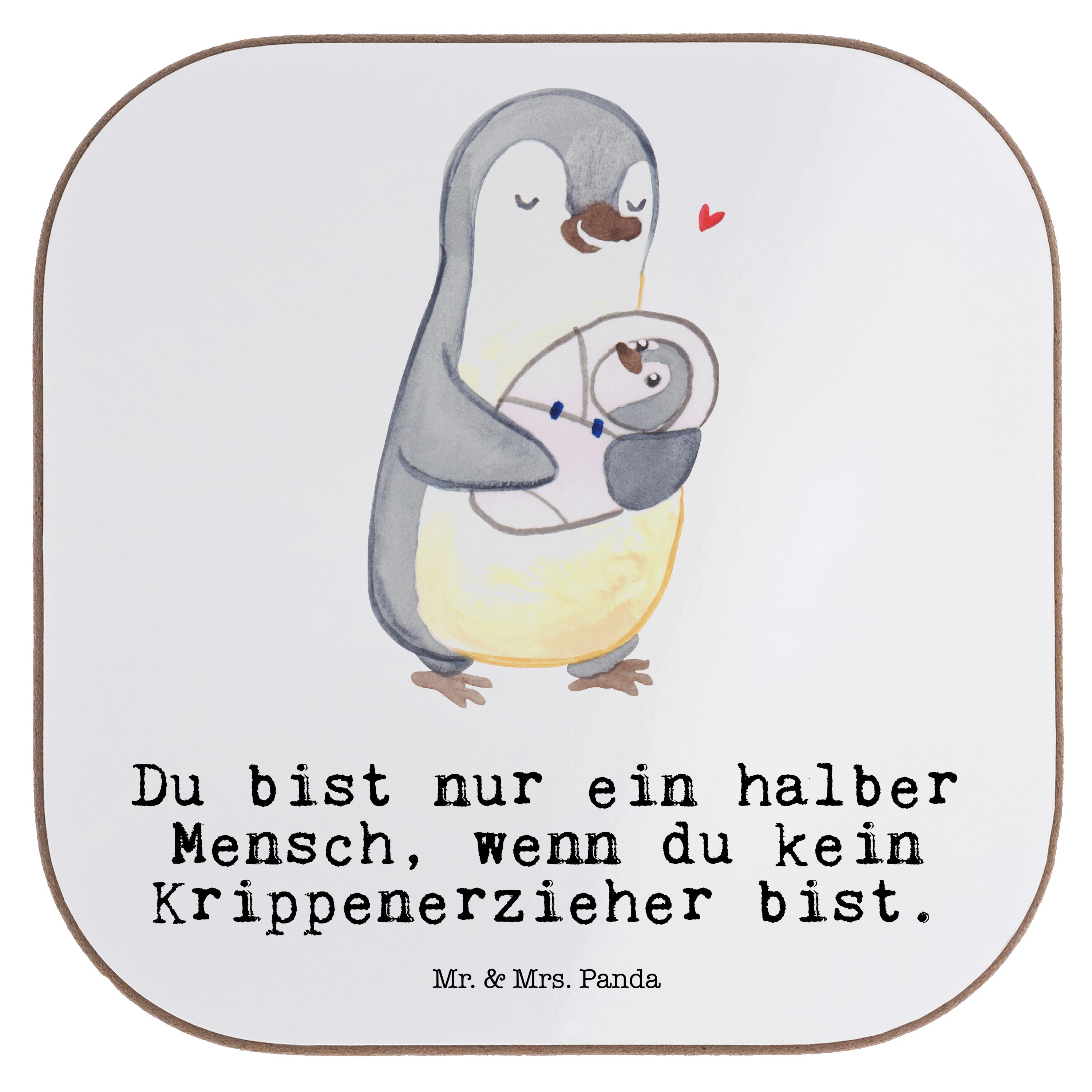 Mr. & Mrs. Panda Getränkeuntersetzer Krippenerzieher mit Herz - Weiß - Geschenk, Ausbildung, Zur Geburt, M, 1-tlg.