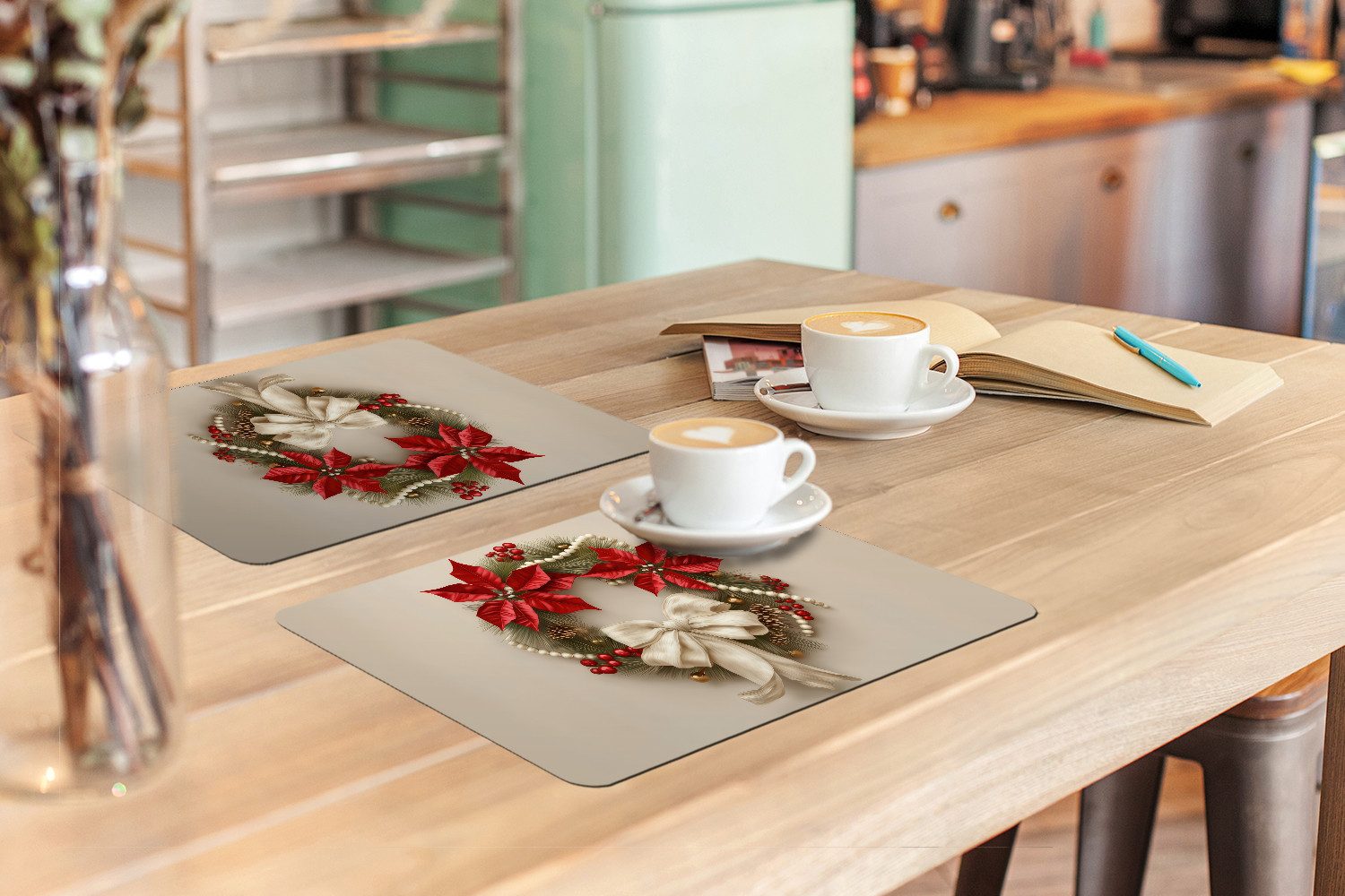 MuchoWow Platzset Türkranz - Schleife - Weihnachten - Rot - Grün, (6-St), Platzsets, Tischset, Abwaschbar, Tischsets, Platzdeckchen