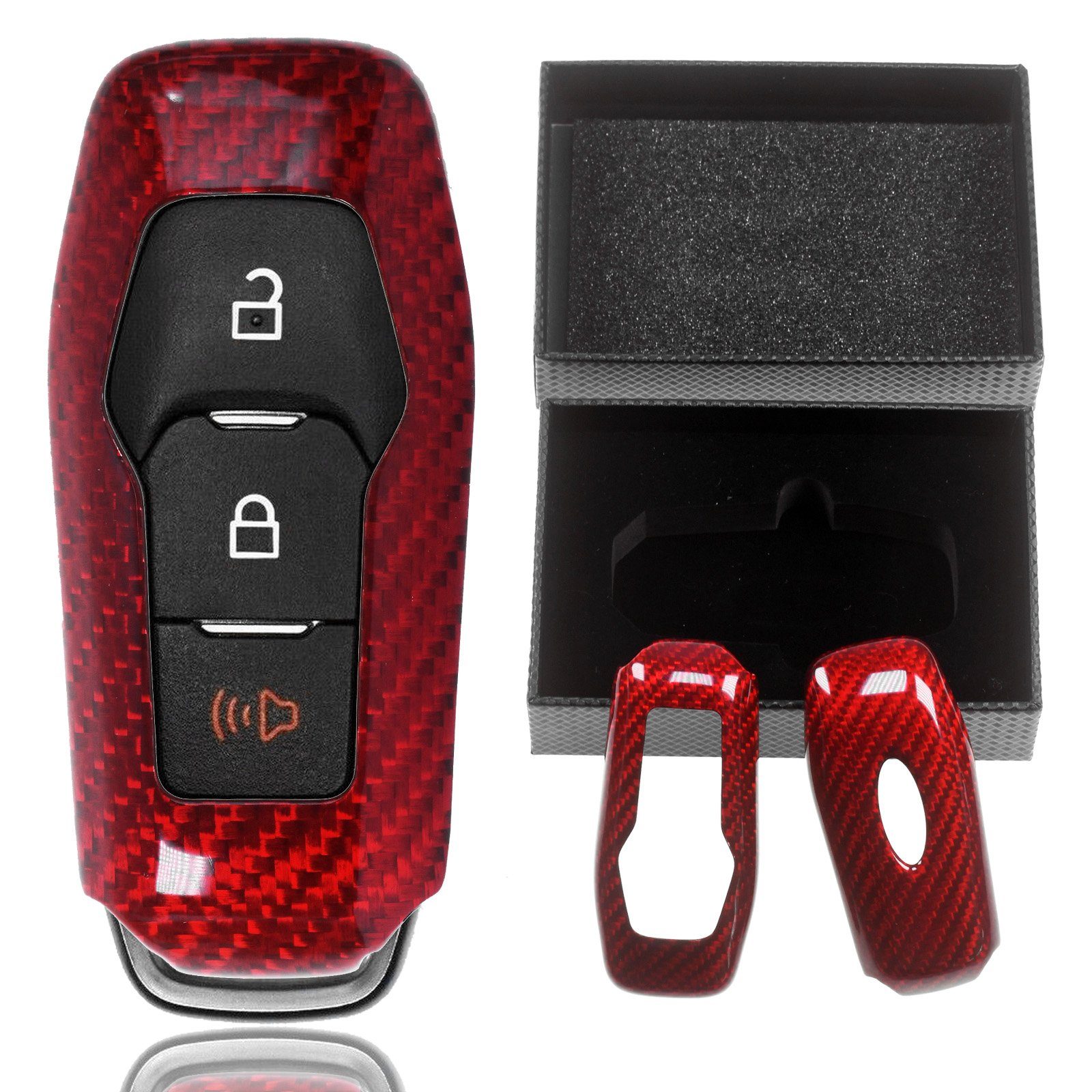 T-Carbon KEYLESS Hülle SMARTKEY für Grand Fiesta Mondeo Auto V KA+ Ford C-Max Rot, Schlüsseltasche Schutz VII Carbon-Optik Schlüssel