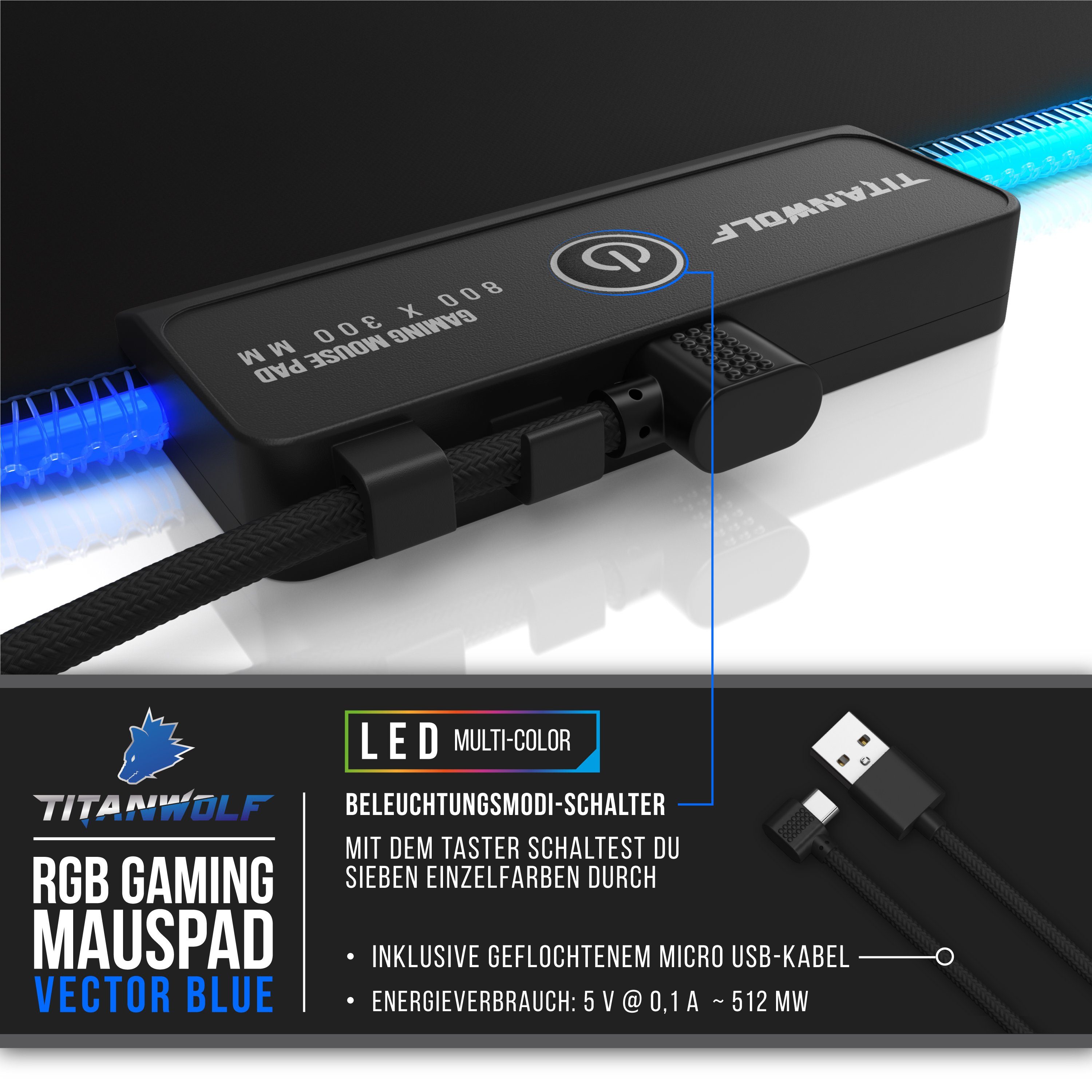 Titanwolf Gaming Mauspad RGB Mousepad 800 x 300 x 3 mm, LED Multi Color XL Tischunterlage (1-St), rutschfest, abwaschbar, Geschwindigkeit & Präzision, Vector Bl – Bild 5 von 5