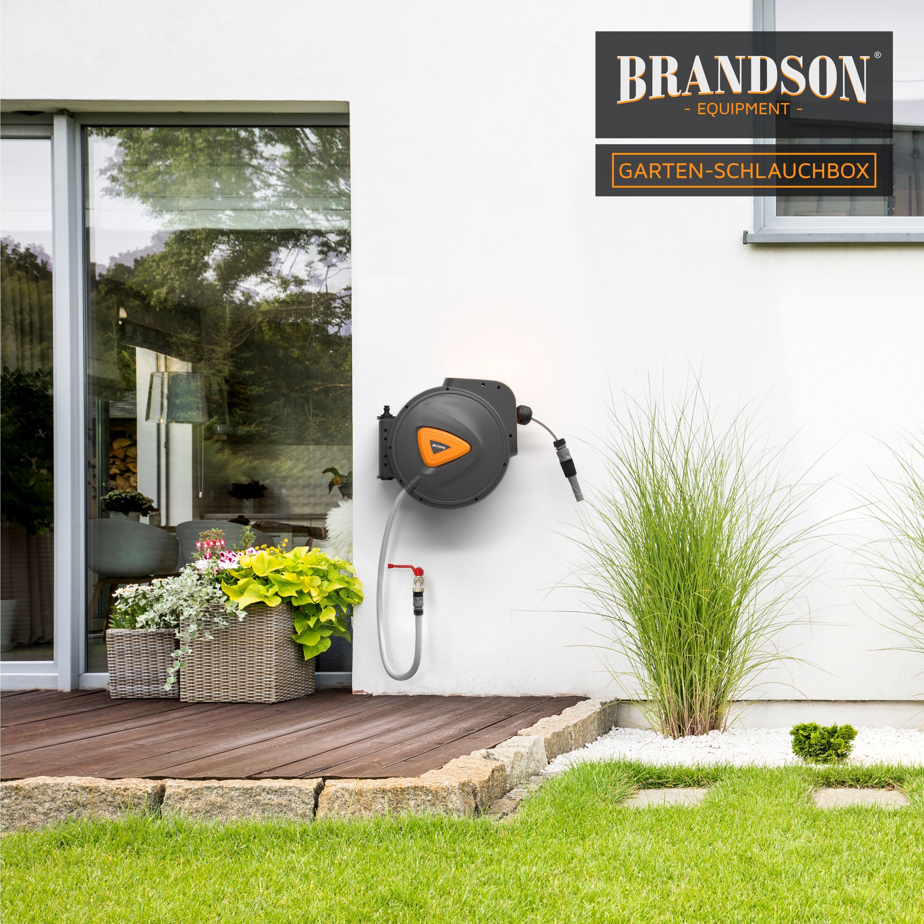 Brandson Wandschlauchbox Schlauchaufroller Wandbox, 20m, Wandbefestigung 180° schwenkbar, (Set, inkl. Spritzdüse, Wasserhahnanschluss), 20 m Schlauchtrommel, automatisch einziehbar, Wandbefestigung