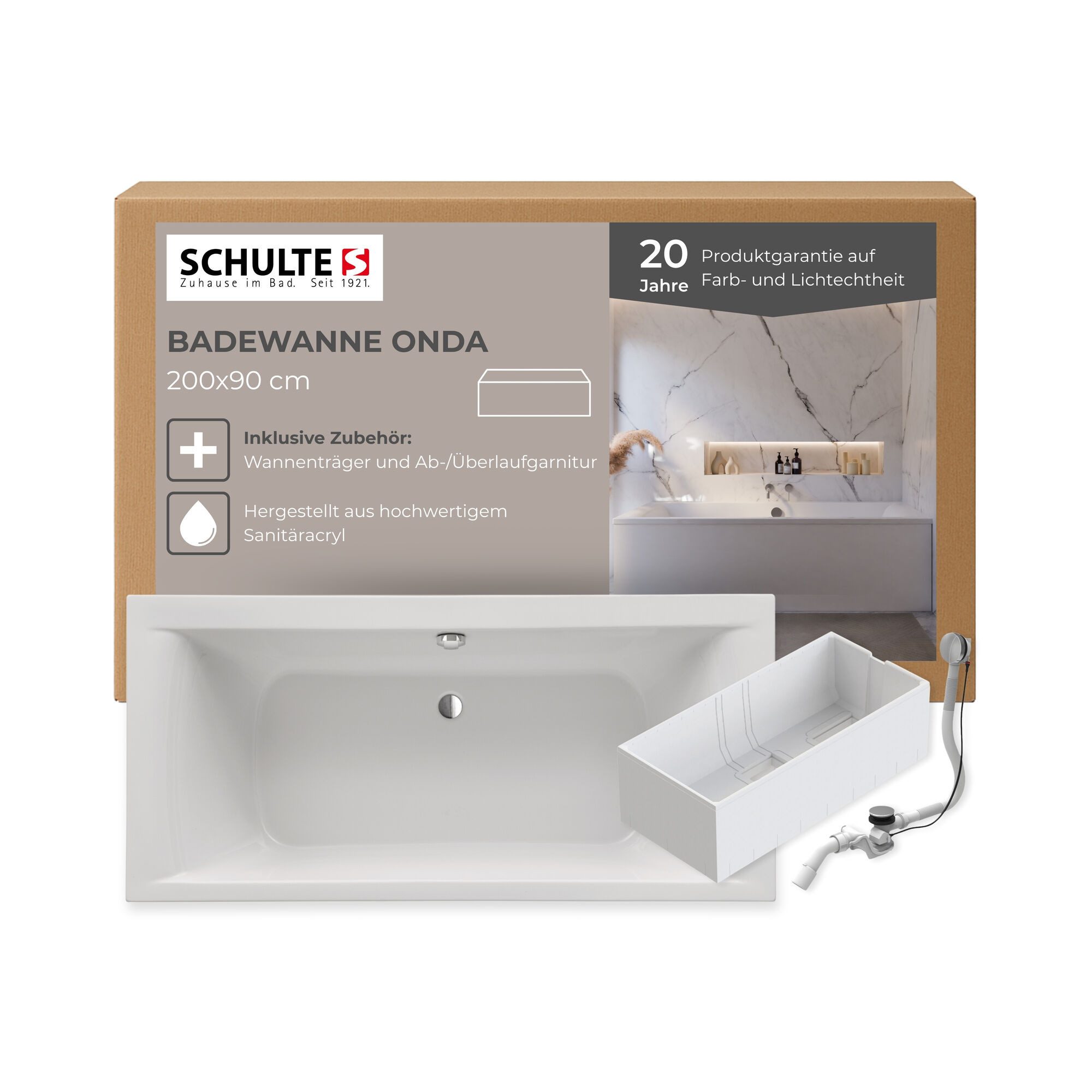 Schulte Badewanne Rechteck Onda, 200x90 cm Sanitäracryl Weiß Komplett-Set mit Wannenträger und Ablauf