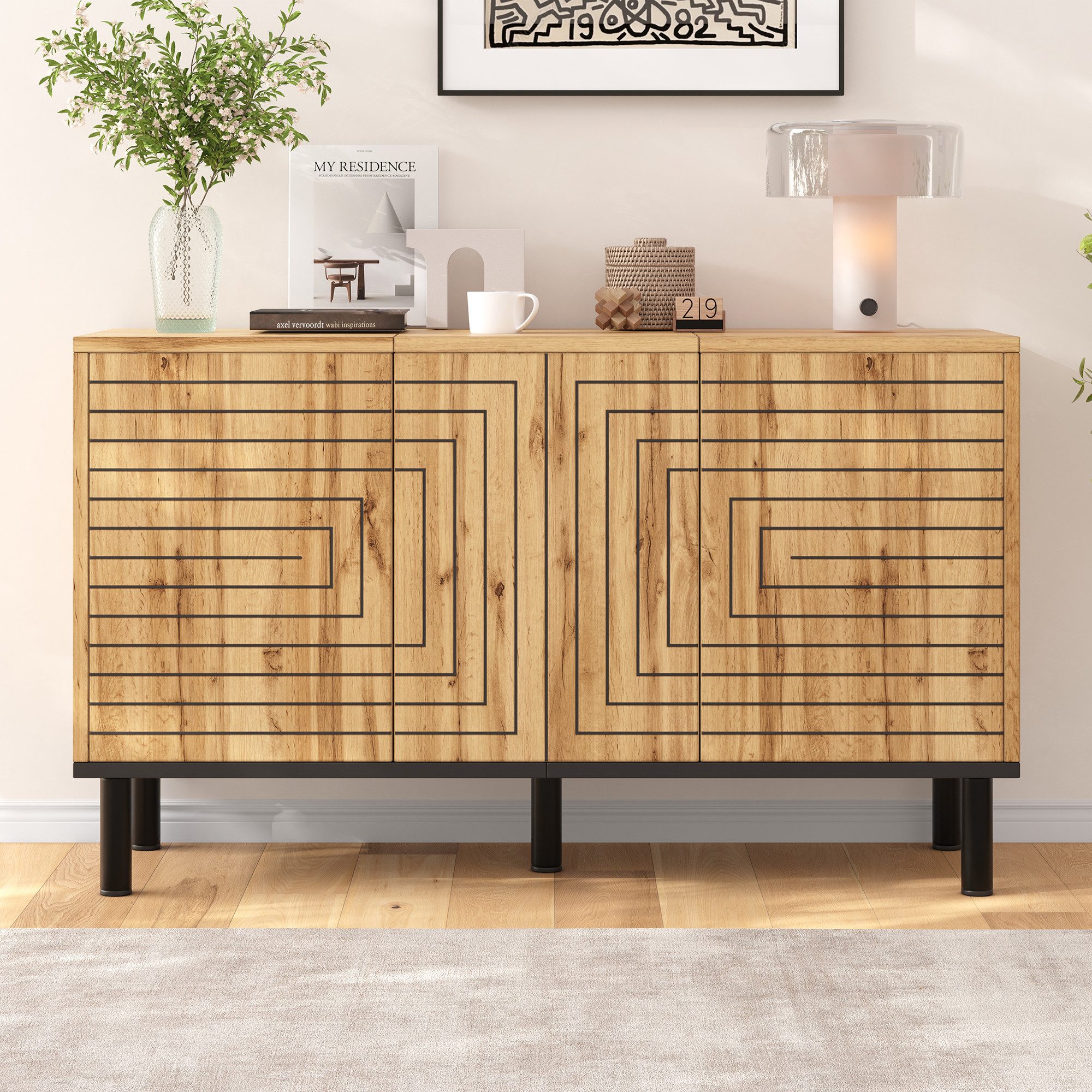 BlingBin Sideboard Kommode mit 3 Türen, Push-to-open, Wellenmuster-Front (Aufbewahrungsschrank, 1 St., 120×35×68cm), Holzoptik, für Wohnzimmer und Esszimmer, 50 kg Belastbarkeit