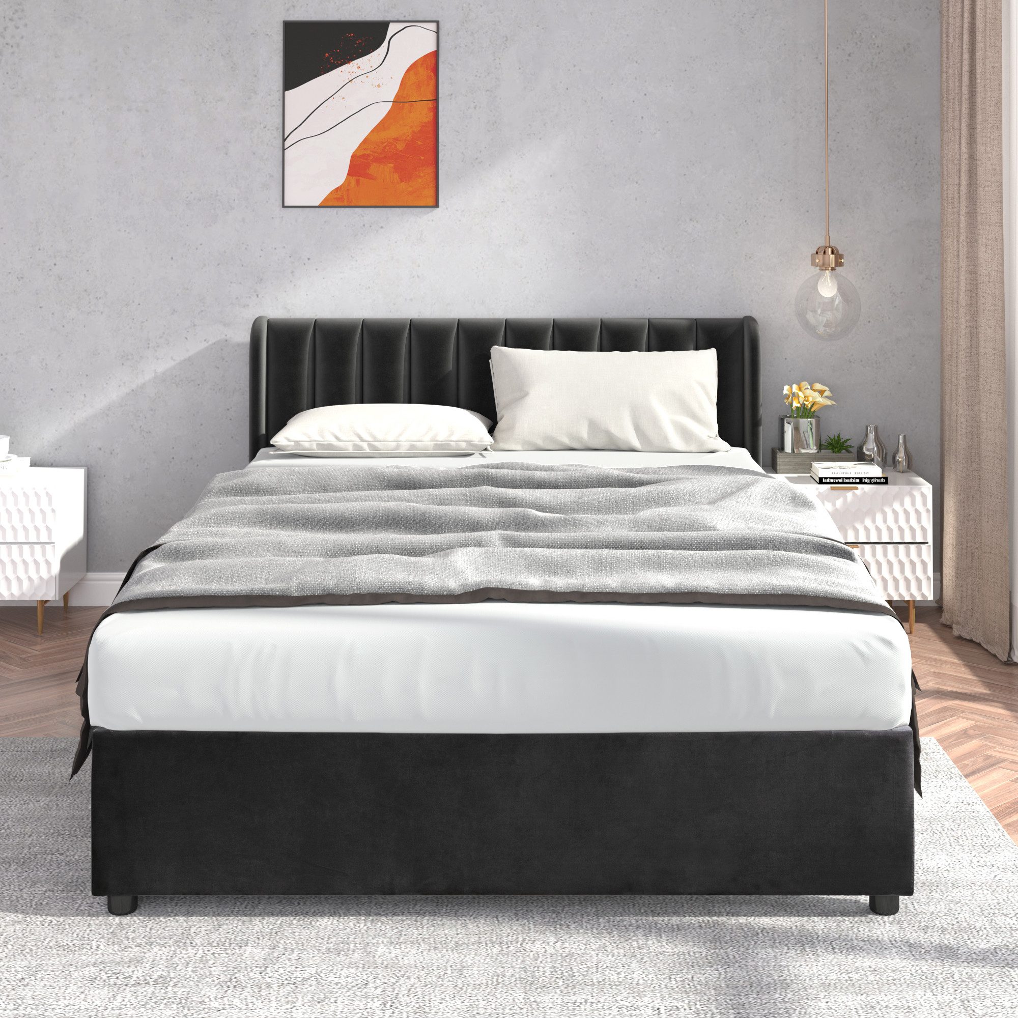 MODFU Polsterbett Stauraumbett mit Kopfteil und 2 Schubladen (140 x 200 cm), Schlichter und stilvoller Samt-Look