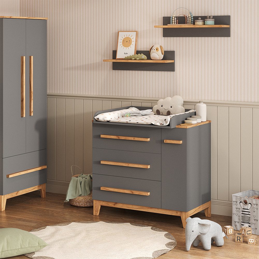VitaliSpa® Wickelkommode Malia, Grau/Artisan, 98 x 98 cm mit Schubladen