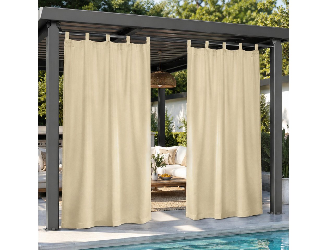 LMaxhome Outdoorvorhang Outdoor Thermovorhang wasserabweisend, blickdicht & schnurlos (2 St), Polyester-Vorhang mit Klettschlaufen für Garten, Terrasse & Pavillon