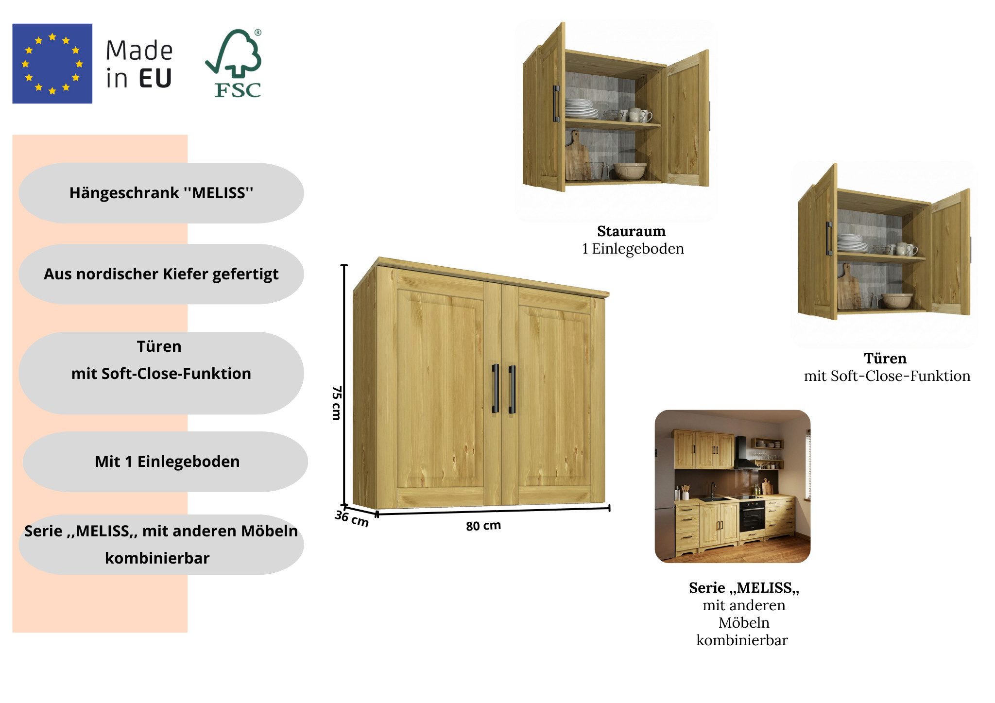 Home affaire Hängeschrank Meliss aus massiver Kiefer, Breite 80 cm, Soft-Colse-Funktion