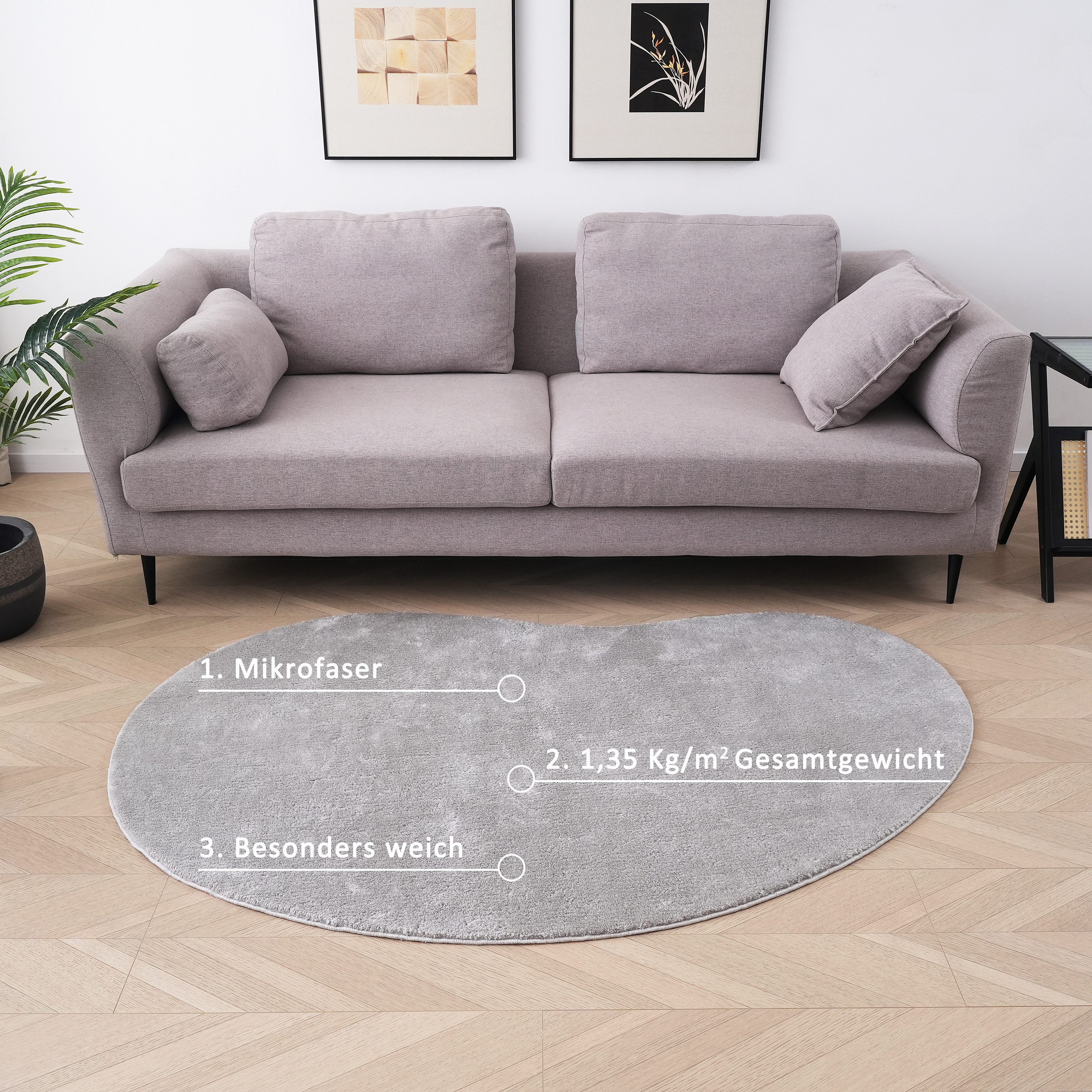 OTTO home Teppich Cali Bean, U-förmig, Höhe: 16 mm, besondere Form, Uni, weich, waschbar, Wohnzimmer, Schlafzimmer