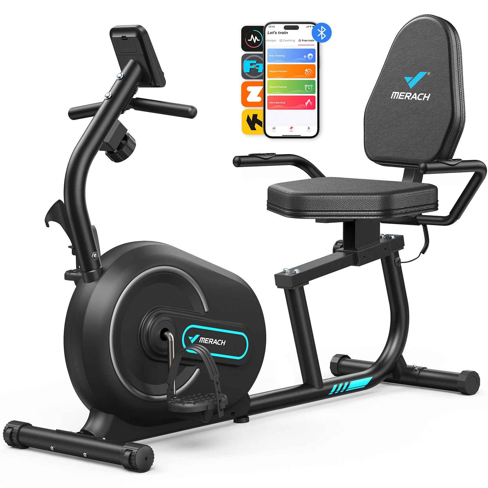 MERACH Liege-Ergometer Liegeergometer für Zuhause mit 8 Widerstandsstufen, Leise & Komfort (Heimtrainer mit App-Konnektivität, Herzfrequenzsensoren, LCD-Digital-Monitor, Ergonomischer Verstellbarer Rückenlehne), Hometrainer für Erwachsene Senioren Radfahren Fitness bis zu 136KG