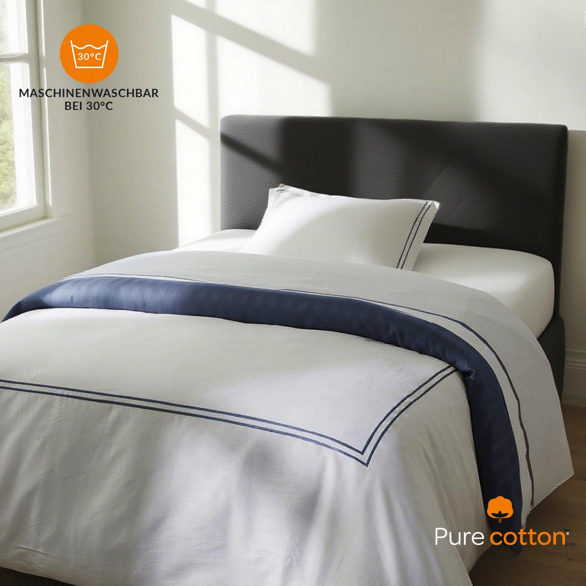 Pure cottom Bettwäsche Baumwoll-Satin Bettwäsche dunkelblau/weiß, Baumwoll-Satin, verschiedene Größen – Bild 4 von 5