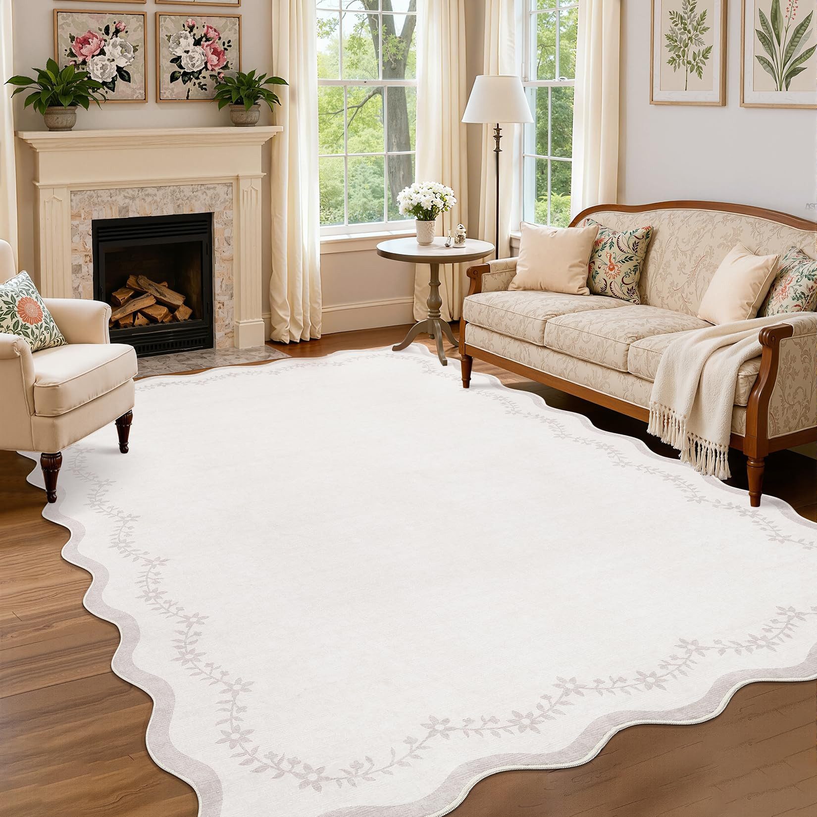 GarveeMore Teppich Vintage Deko Teppich mit Wellenkante und Blumenranken für Wohnzimmer, Höhe: 5 mm