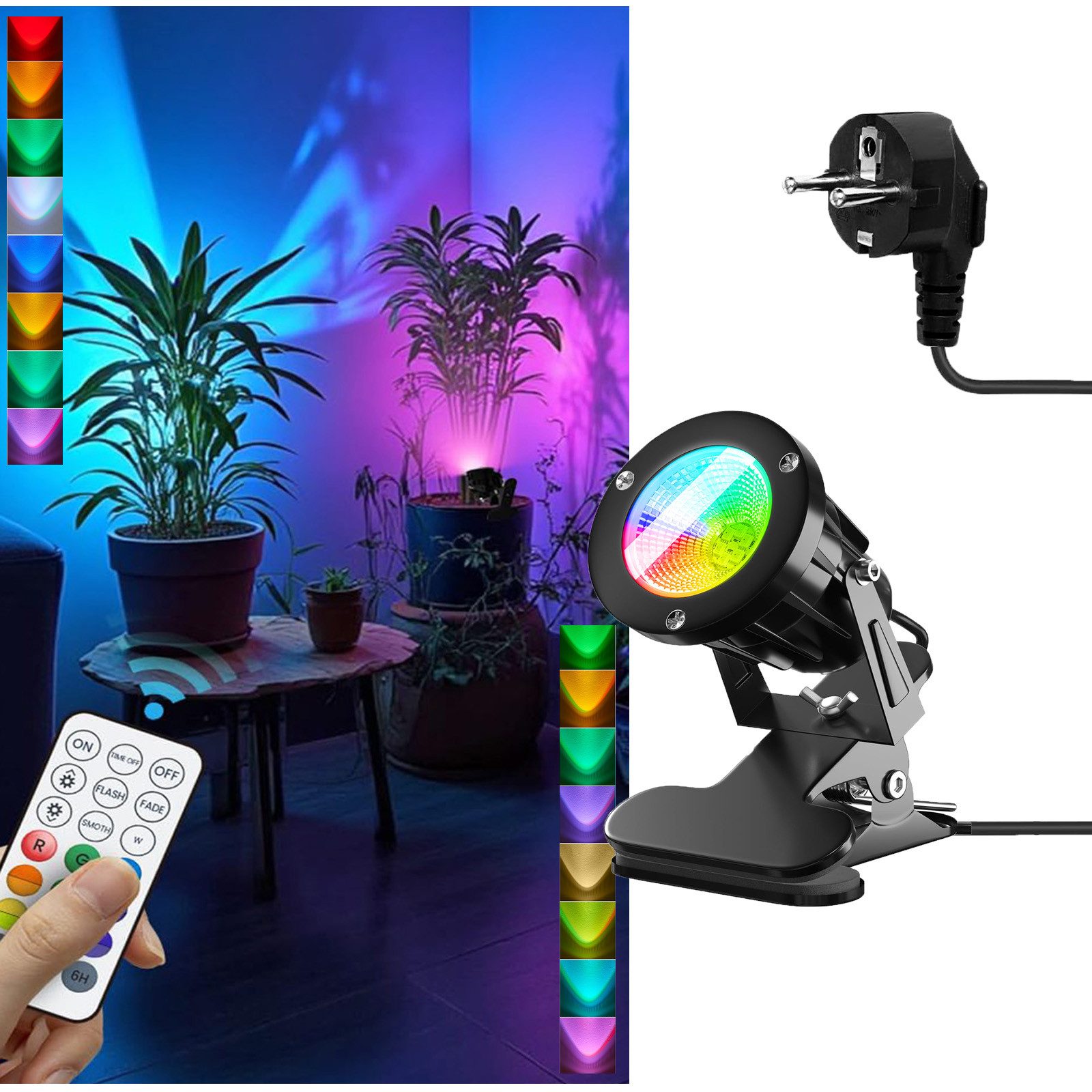 MUPOO LED Deckenstrahler RGB Klemmleuchte mit Fernbedienung 7 Helligkeitsstufen, 3 Modi und Timer, LED fest integriert, Pflanzenbeleuchtung, Akzentlicht