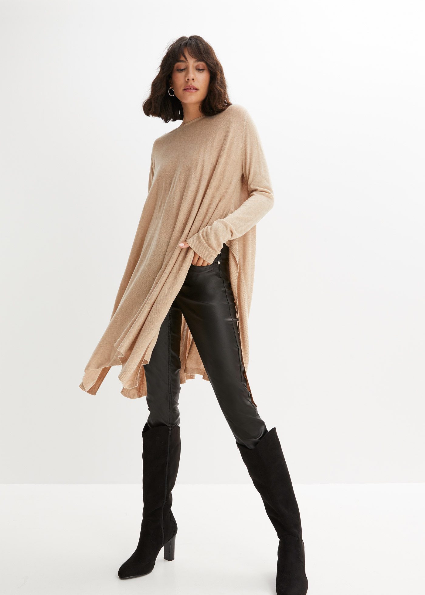 bonprix Longpullover Feinstrick-Viskose-Mix, Oversized-Passform, Poncho-Look, elegant