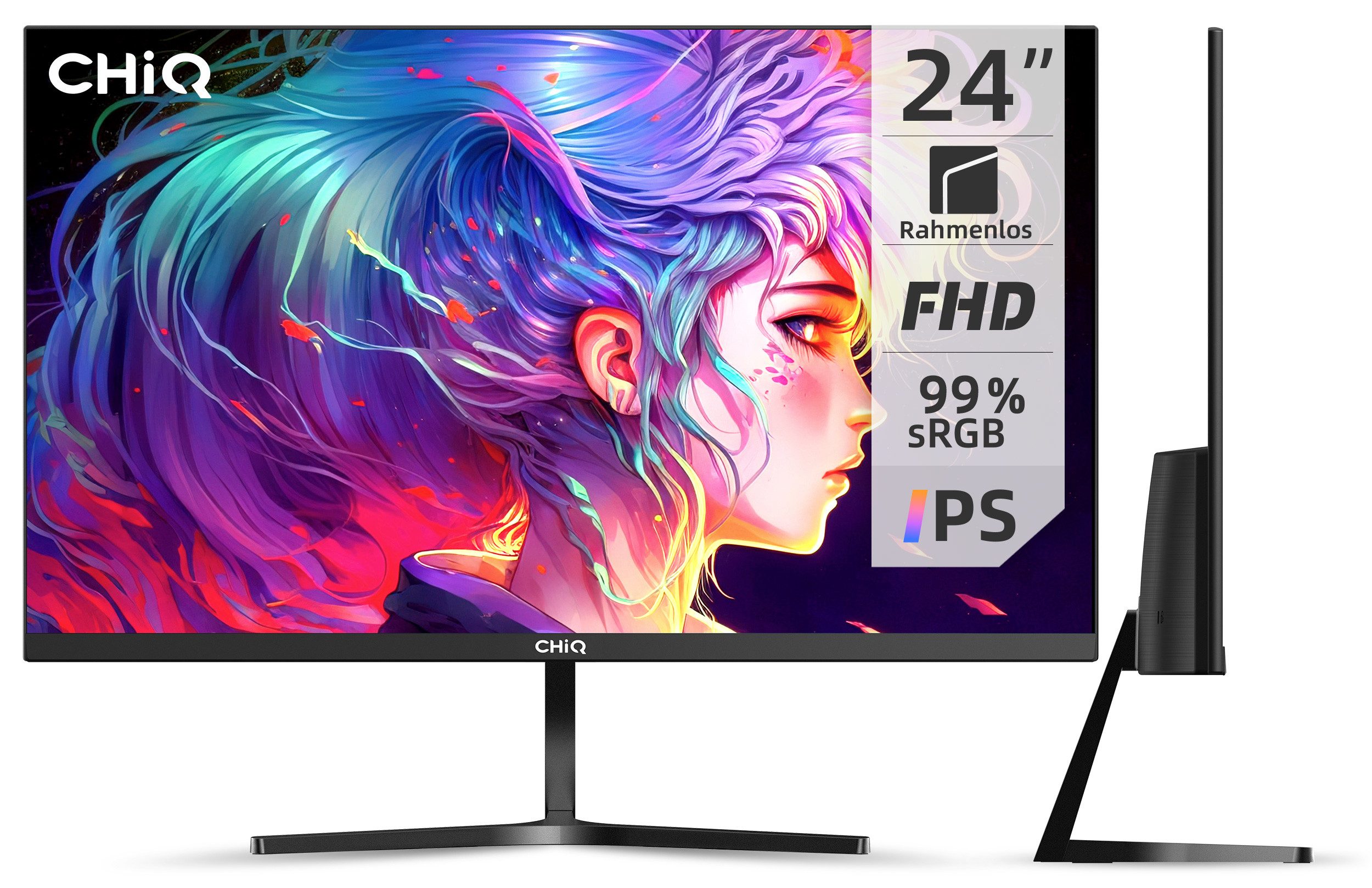 CHiQ 24F650 LED-Monitor (60,45 cm/24 ", 1920x1080 px, Full HD 1080p, 6 ms Reaktionszeit, 75 Hz, IPS LED, einstellbare Neigung,FPS/RTS,Freesync,Gratis HDMI Kabel)