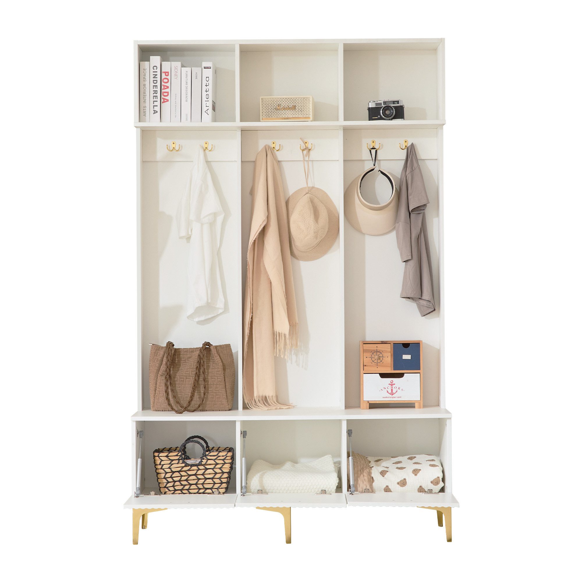 Tongtong Garderoben-Set mit Bank, multifunktionale Aufbewahrungsbank, offene Aufbewahrung, (geeignet für Flur, Wohnzimmer), B120/ T23.5/ H191.5 CM,mit 3 hängenden Haken & offenem Stauraum,Weiß