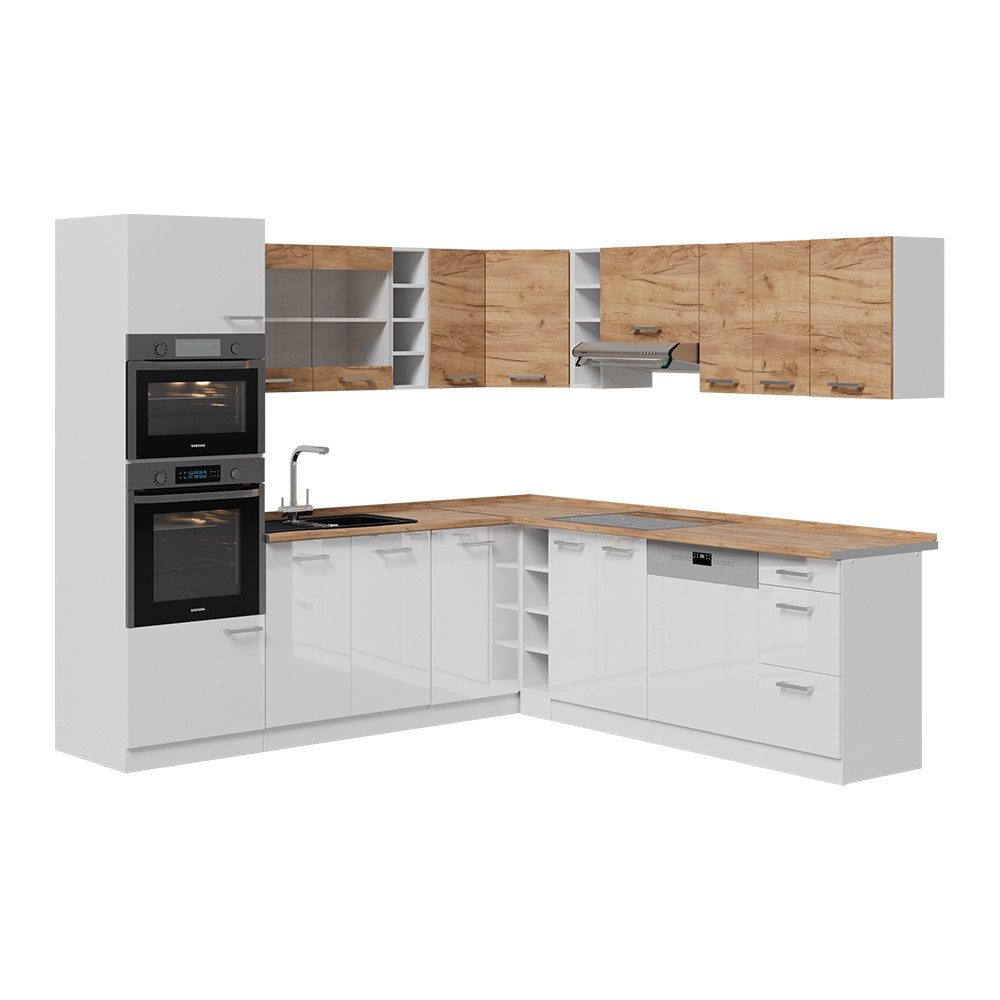 Vicco Winkelküche R-Line, Goldkraft Eiche/Weiß/Weiß, 247 x 60 cm zweifarbige Schrä...