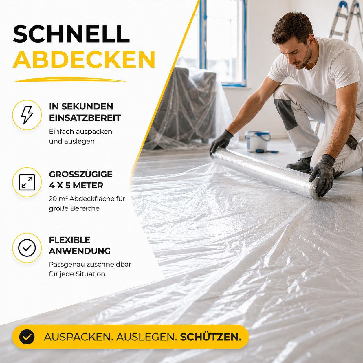 toolmate® Abdeckfolie 6 transparente Malerfolien à 4 × 5 m, 120 m² Abdeckfläche, (6er Set, 6-St., 6 Stück) – Bild 5 von 5