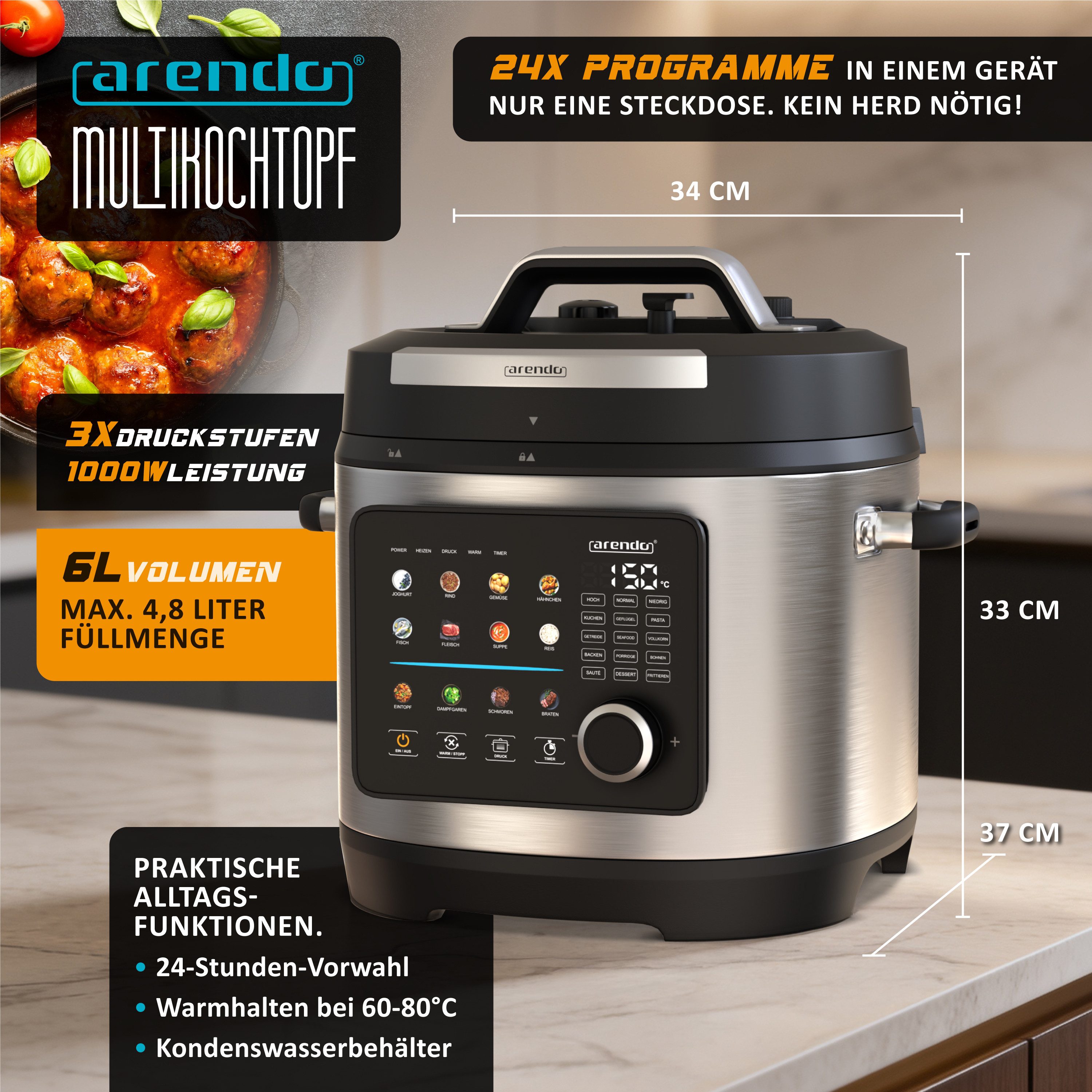 Arendo Multikocher Schnellkochtopf 6 Liter elektrisch, 24 Programme, Touch & Drehknopf, 1000 W, 6 l Schüssel, 3 Druckstufen, 24-Stunden-Timer, Warmhaltefunktion – Bild 2 von 5