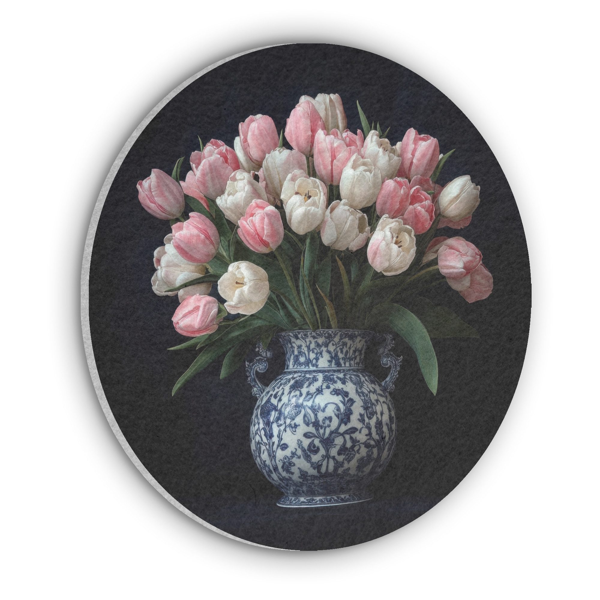 MuchoWow Gemälde Blumen - Rosa - Tulpen - Vase, Fotodruck (1 St), Akustikpaneele rund, Schalldämmung, Akustikbilder 30x30 cm