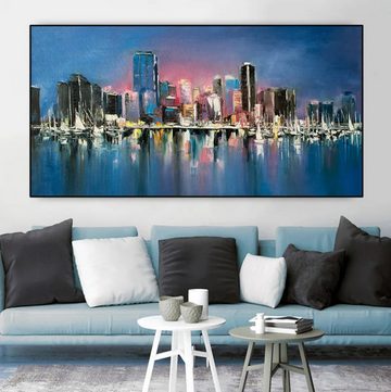 TPFLiving Kunstdruck (OHNE RAHMEN) Poster - Leinwand - Wandbild, Nacht bunte Stadt Gebäude Landschaft Öl Leinwand Malerei (Leinwandbild XXL), Farben: Rot, Weiß, Schwarz, Blau, Orange, Rosa -Größe: 20x40cm