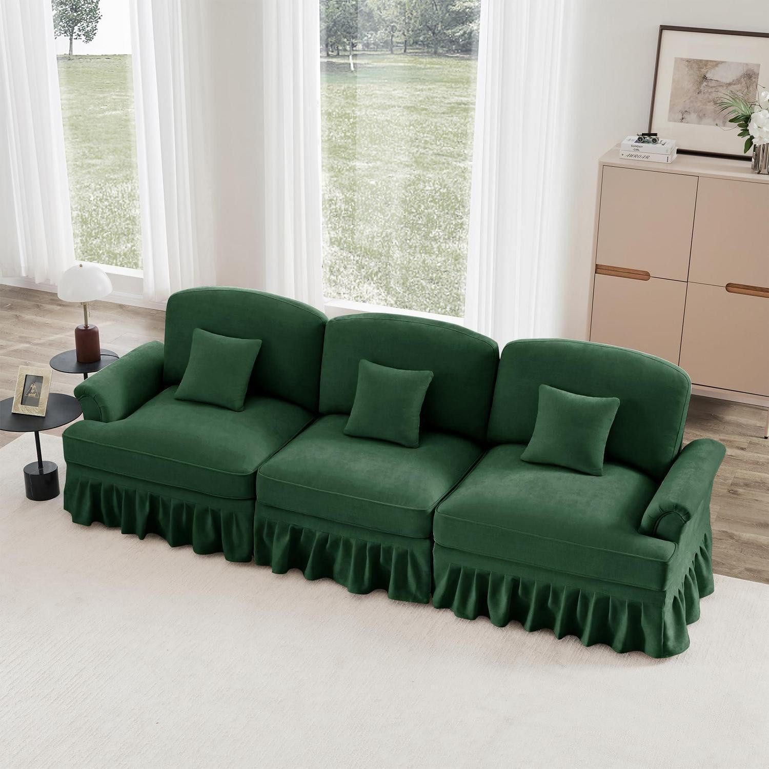 LuxusKollektion 3-Sitzer Sofa 3 Sitzer Mittelalter Chenille Holzbeine Grün 3-Seat