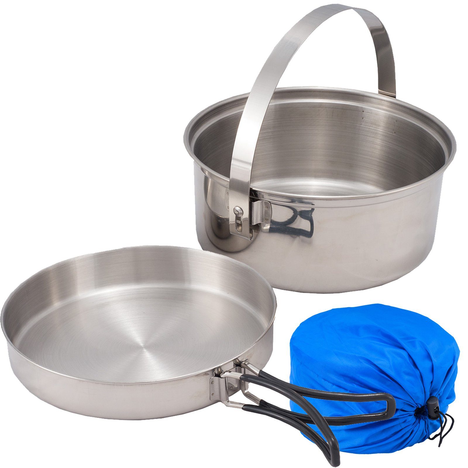 Outdoor International Topf-Set Camping Kochgeschirr Set 2tlg., Edelstahl Topf Pfanne Geschirr Stapelbar