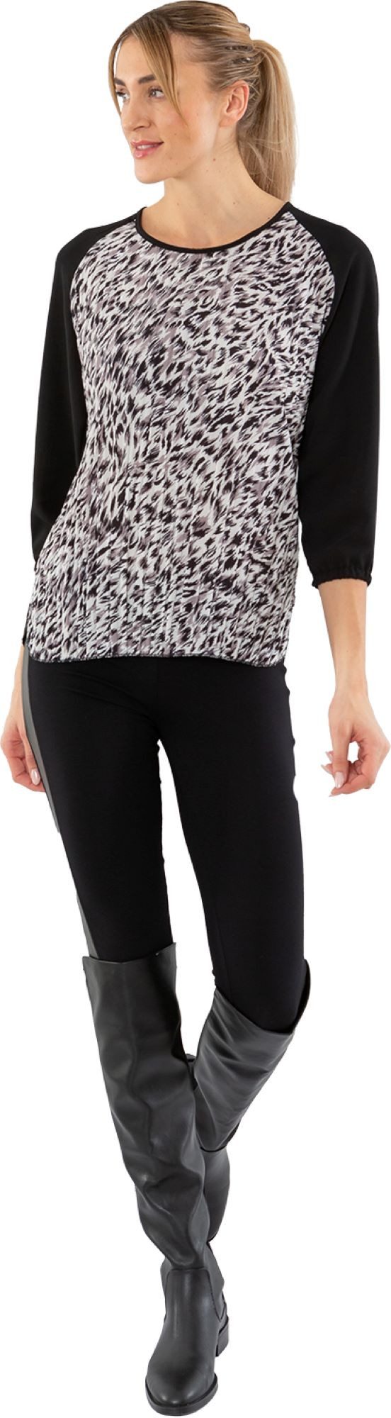 Estefania for woman 3/4-Arm-Shirt 193-1632, Faltenshirt mit Leomuster Faltenlook, verlängerter Rücken