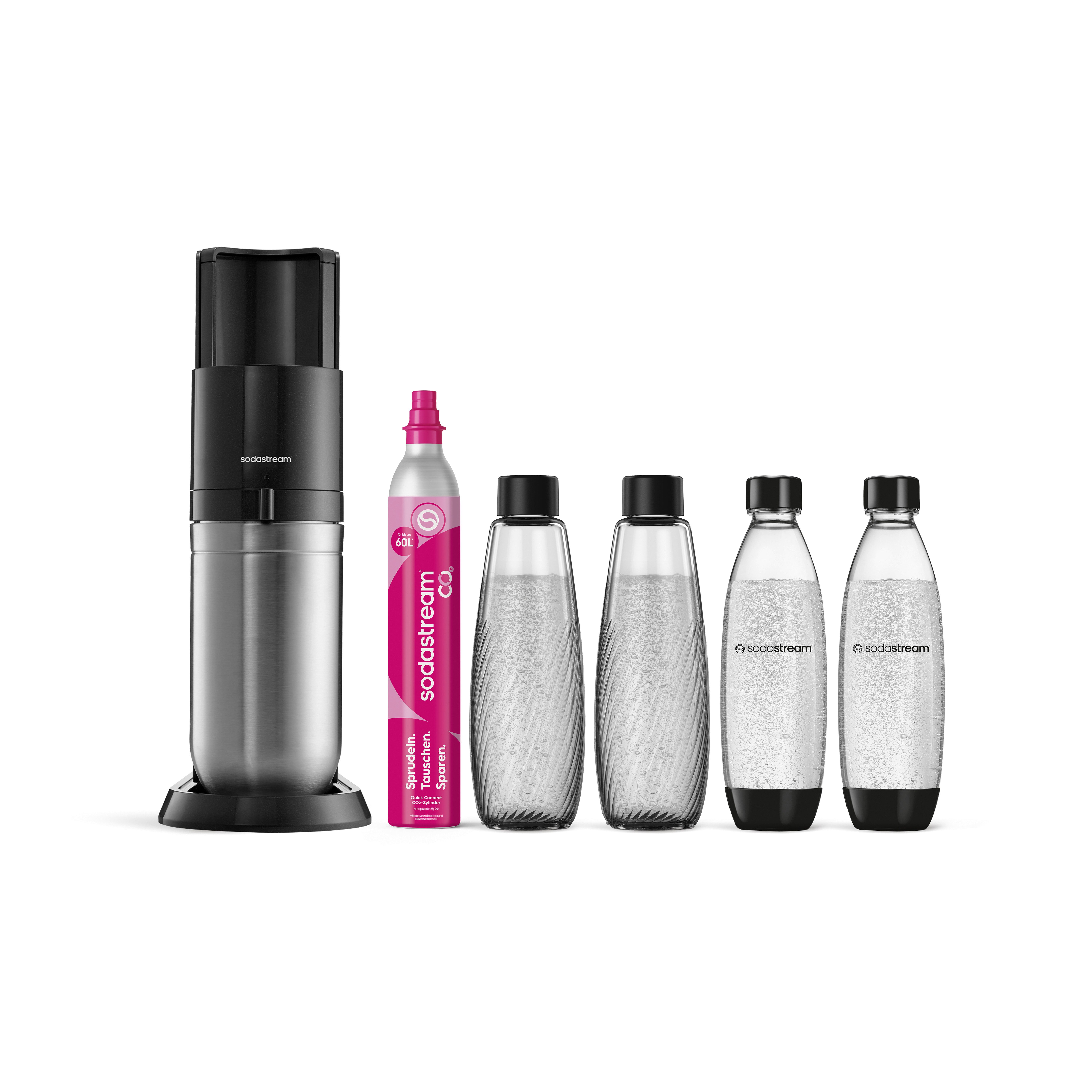 SodaStream Wassersprudler DUO Wassersprudler titan, Vorteilspack XL, (Set, 6-tlg), Glas- und Kunststoffflaschen nutzbar, DUO-Paket mit 4 Flaschen