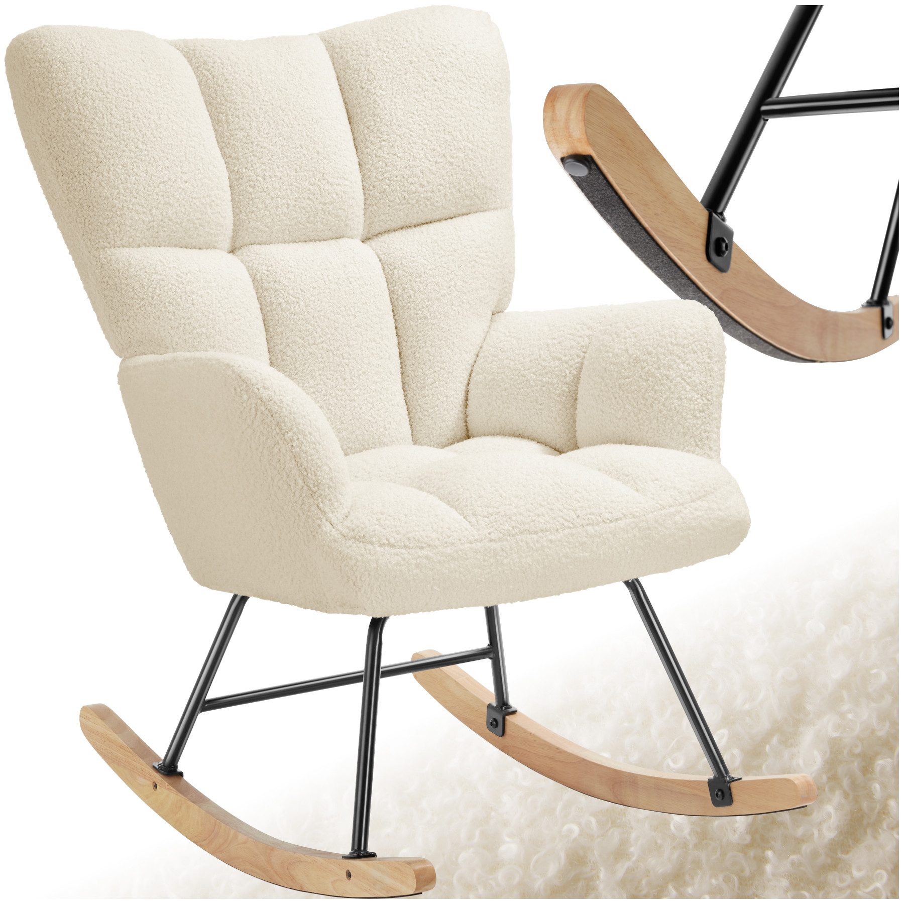 tectake Schaukelstuhl Relaxsessel Torve, gepolstert, Holzkufen, 120 kg Belastbarkeit (Set., 1 St), Kuscheliger Bouclé-Bezug mit stilvollem Steppmuster