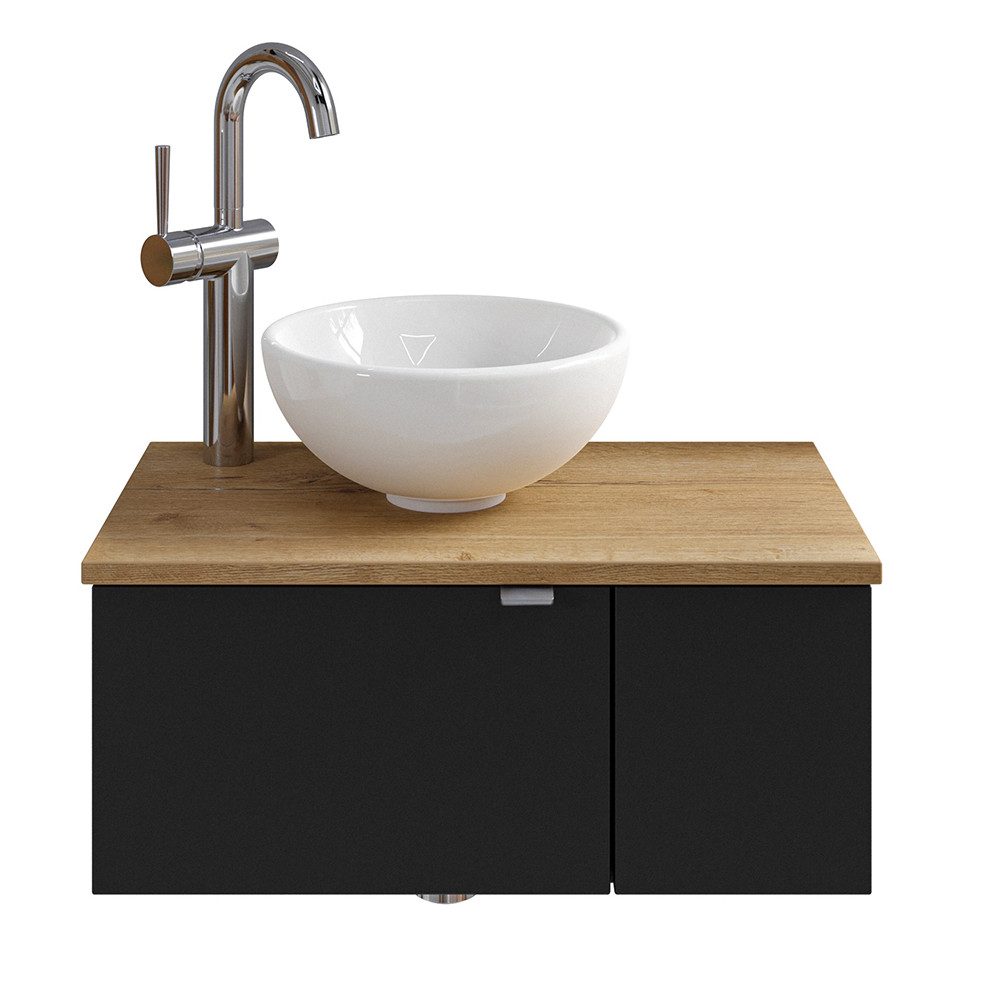 Lomadox Waschtisch AMADORA-66, schwarz mit Eiche Nb., 60 cm, Türanschlag links, Keramikwaschbecken