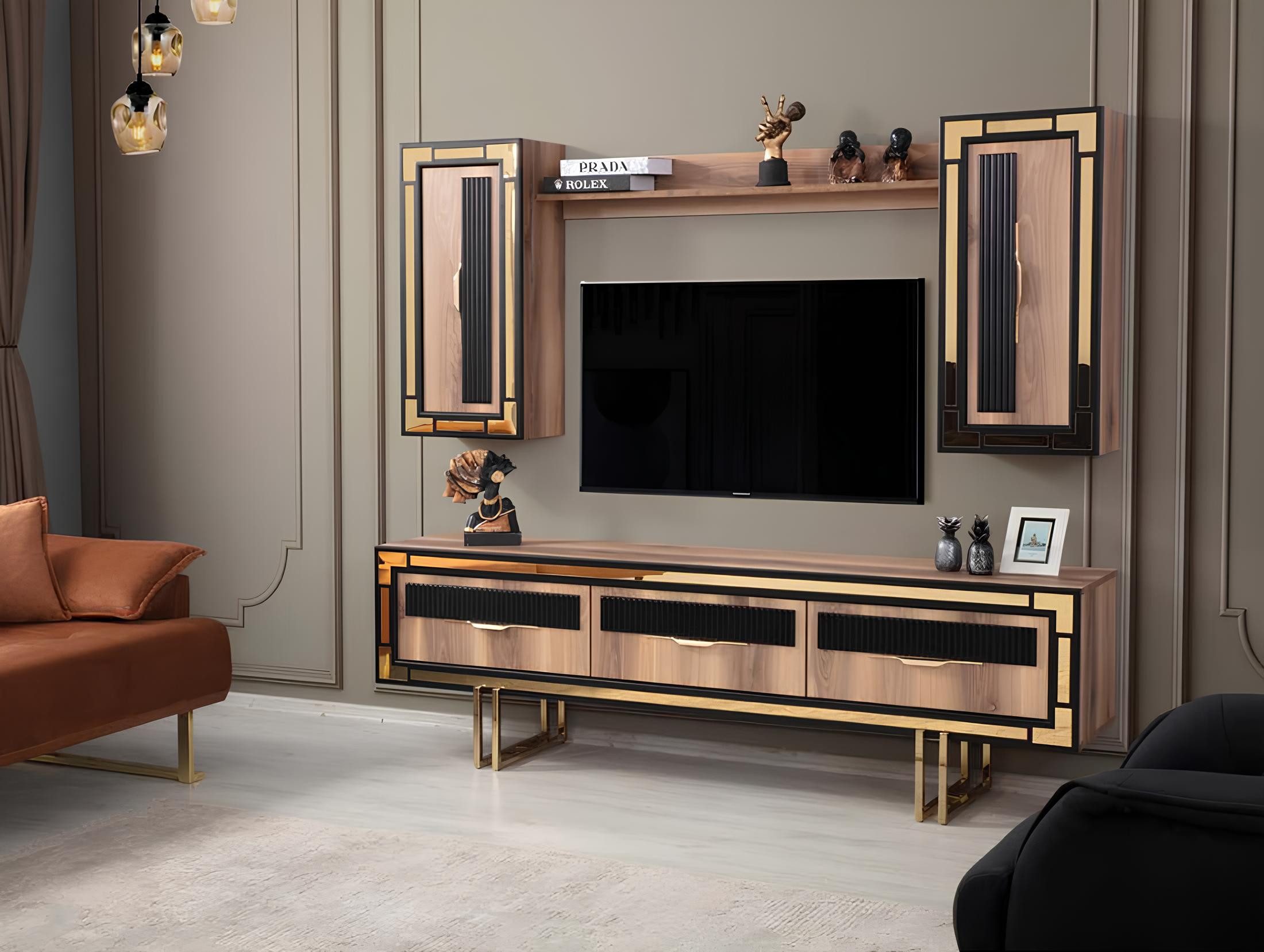 Wohnwand Wohnzimmer Lowboard RTV Braun TV Schrank Kombination