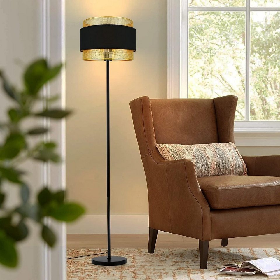 Nettlife Stehlampe Wohnzimmer Schwarz Gold Stehleuchte Vintage E27 Retro  Stoff, mit Fußschalter, LED wechselbar, Büro Schlafzimmer