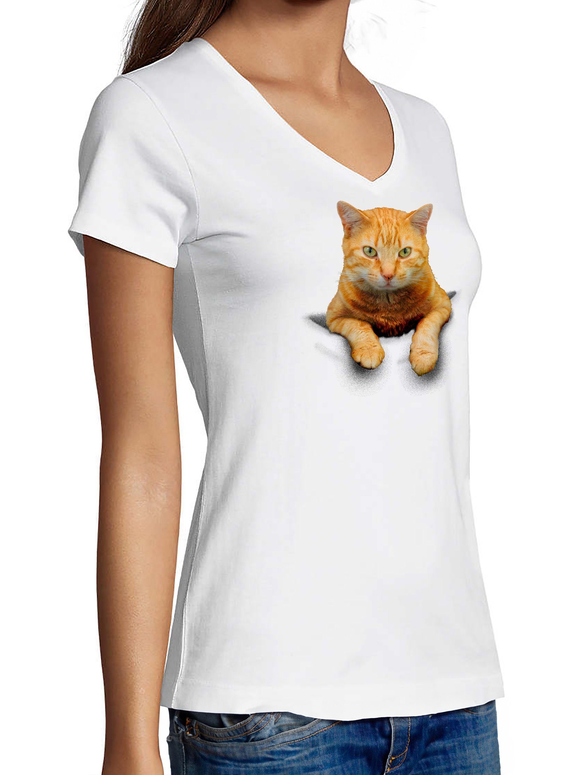 - in mit der i109 Shirt Slim bedruckt weiss Fit, MyDesign24 Katzen Gelbe Aufdruck, Tasche Print T-Shirt Damen Baumwollshirt Katze