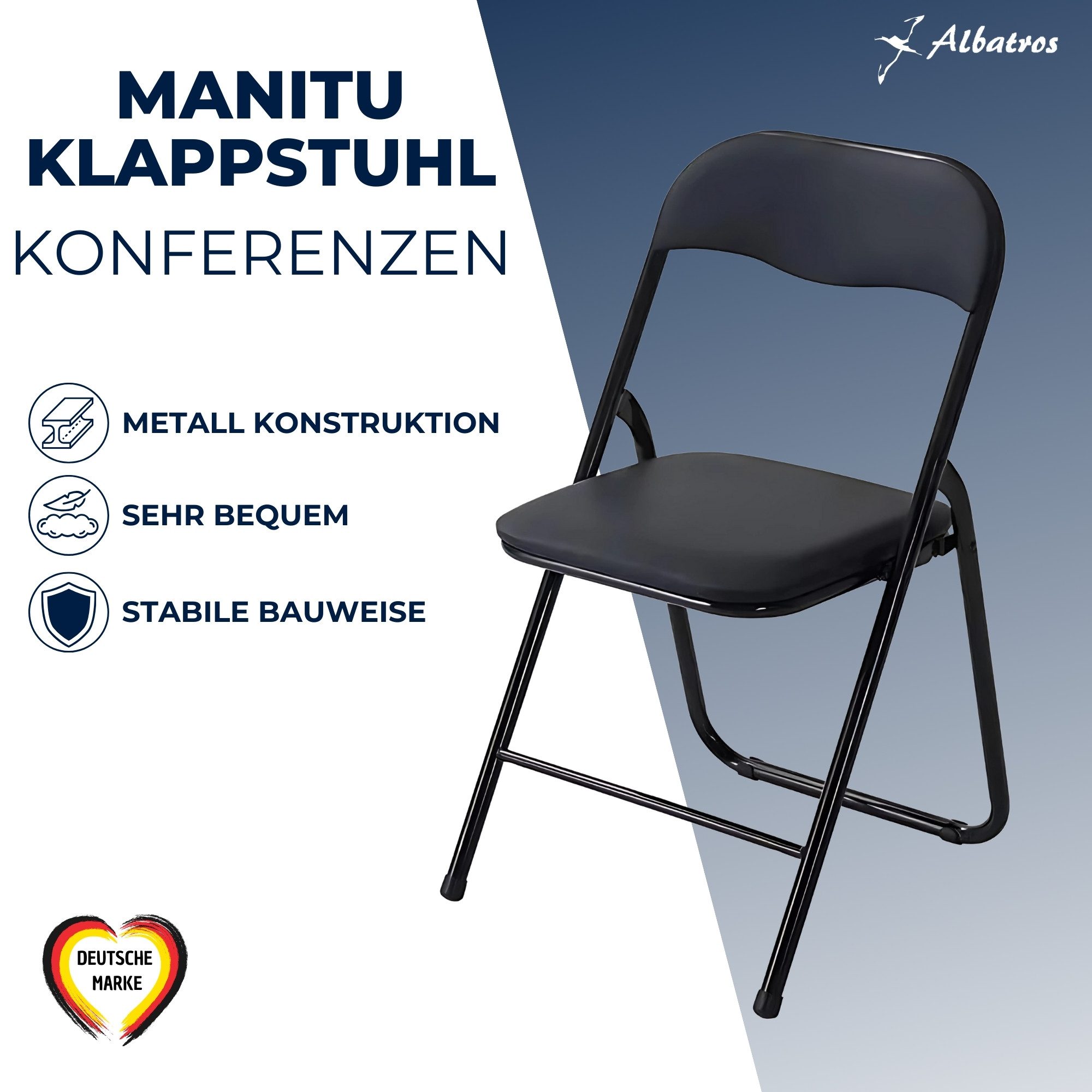 Albatros International Besucherstuhl Albatros Klappstuhl Manitu Klappstühle Starker Metallrahmen Faltbarer (4er Set Schwarz), Stuhl Besucher Konferenz Gast Stuhl