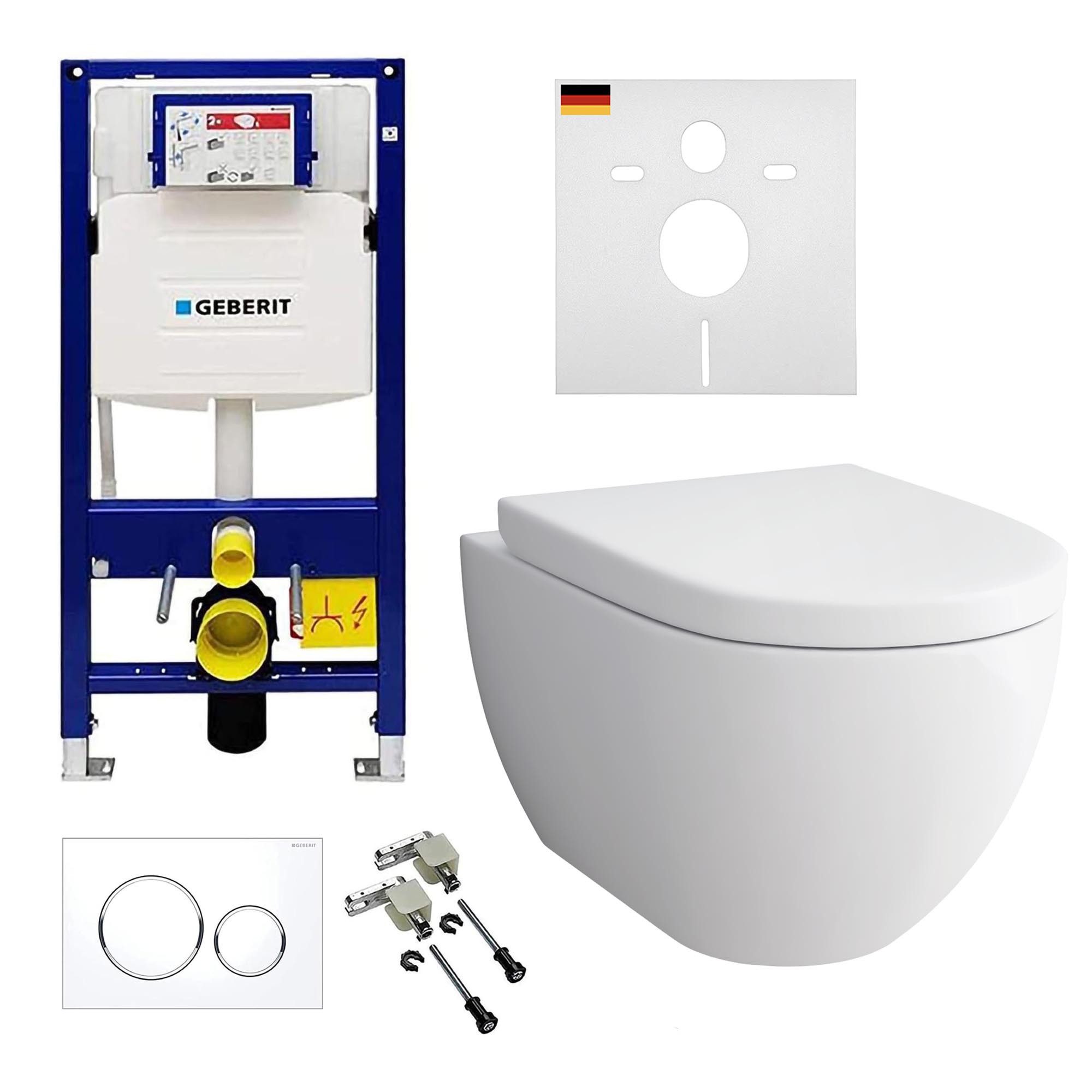 Alpenberger Dusch-WC Wand WC Spülrandlos - Bidet Toilette mit Spülkasten Komplett Set, wandhängend, Abgang waagerecht, Hänge WC Spülrandlos, + Geberit Spülkasten Vorwandelement + Bausatz + Betätigungsplatte