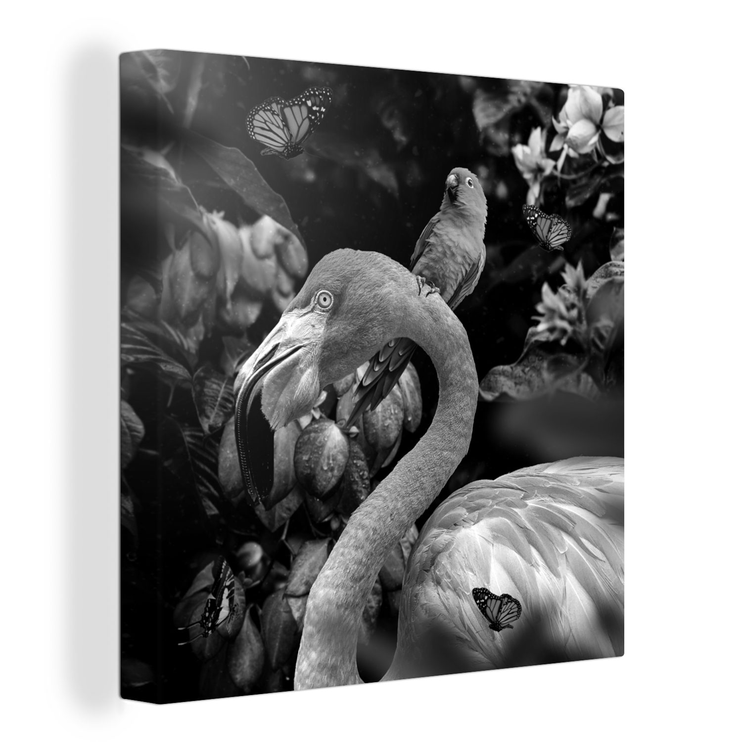 OneMillionCanvasses® Leinwandbild Flamingo - Dschungel - Papagei - Schwarz - Weiß, (1 St), Leinwand Bilder für Wohnzimmer Schlafzimmer