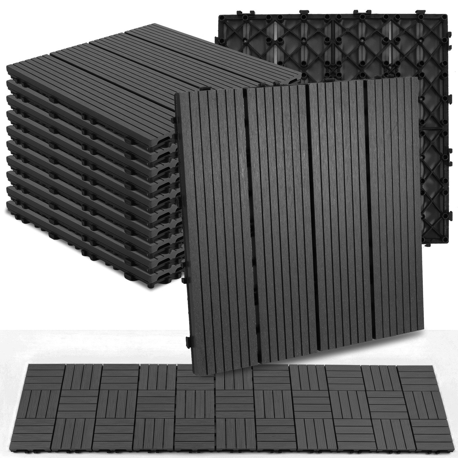 BlingBin Terrassendielen WPC Terrassenfliese, Balkonfliesen 30x30cm, Klickfliesen, 1 m², BxL: je 30x30 cm, (11er Set, 11-St., Produktabmessungen: ‎11er Pack, 30 x 30 cm pro Stück), Fliesen in Holzoptik für Balkon, Garten, Terrasse, Schwarz