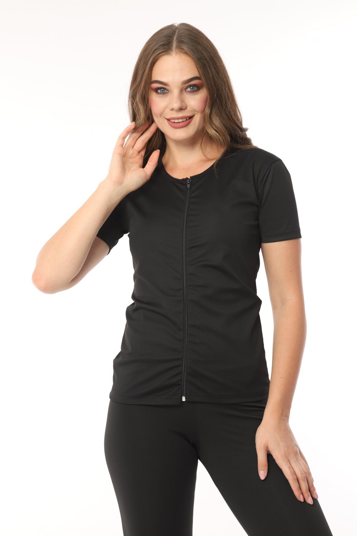 Trainingsshirt Damen-Zipper Kurzarm Sauna-T-Shirt/Thermo-Sauna-Anzug/Body Shaper