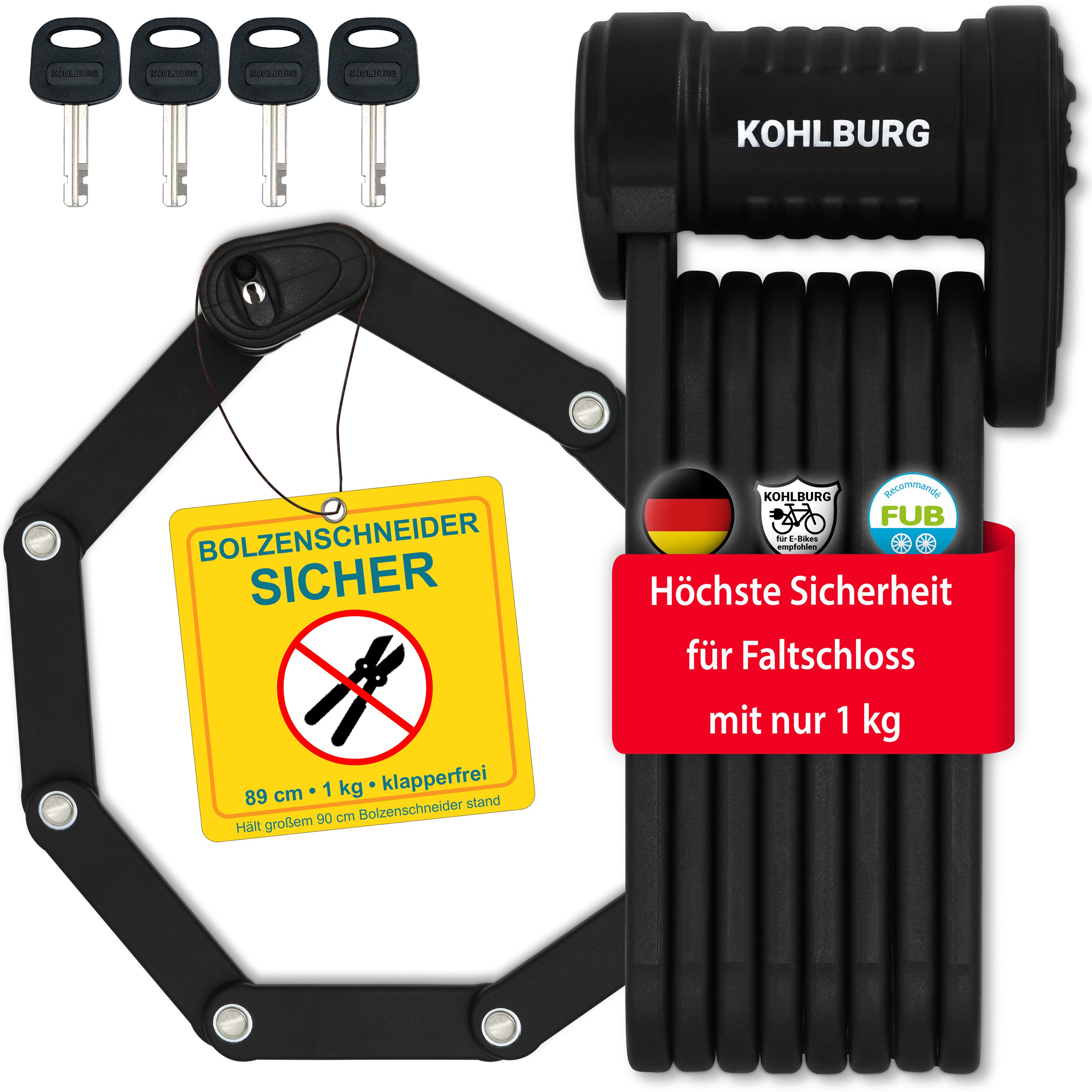 KOHLBURG Faltschloss [höchste Sicherheit für 1 kg] Fahrradschloss für E-Bike & Fahrrad 89cm, aus gehärtetem Spezialstahl mit höchster Sicherheitsstufe