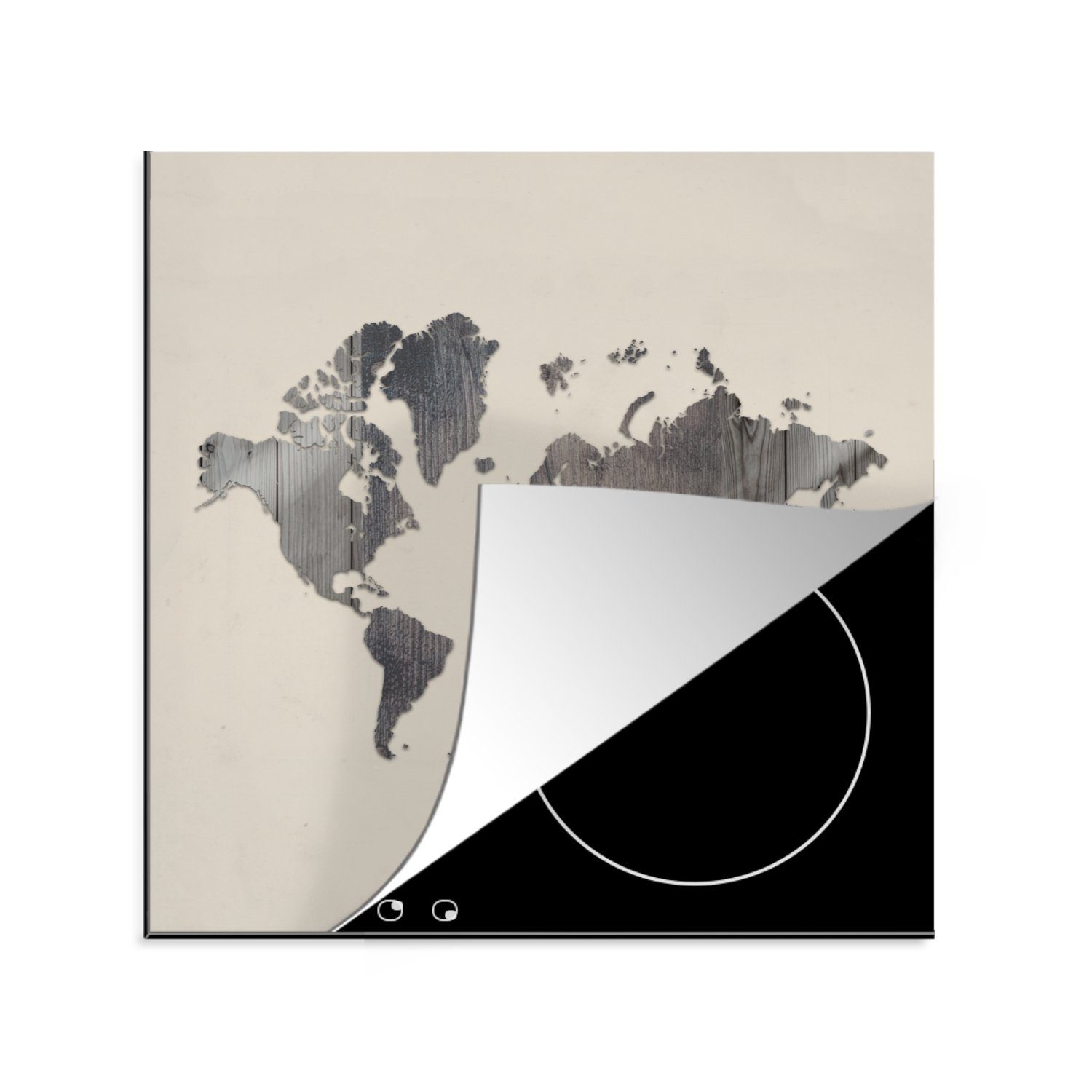 MuchoWow Herdblende-/Abdeckplatte Weltkarte - Holz - Grau, Vinyl, (1 tlg), 78x78 cm, Ceranfeldabdeckung, Arbeitsplatte für küche