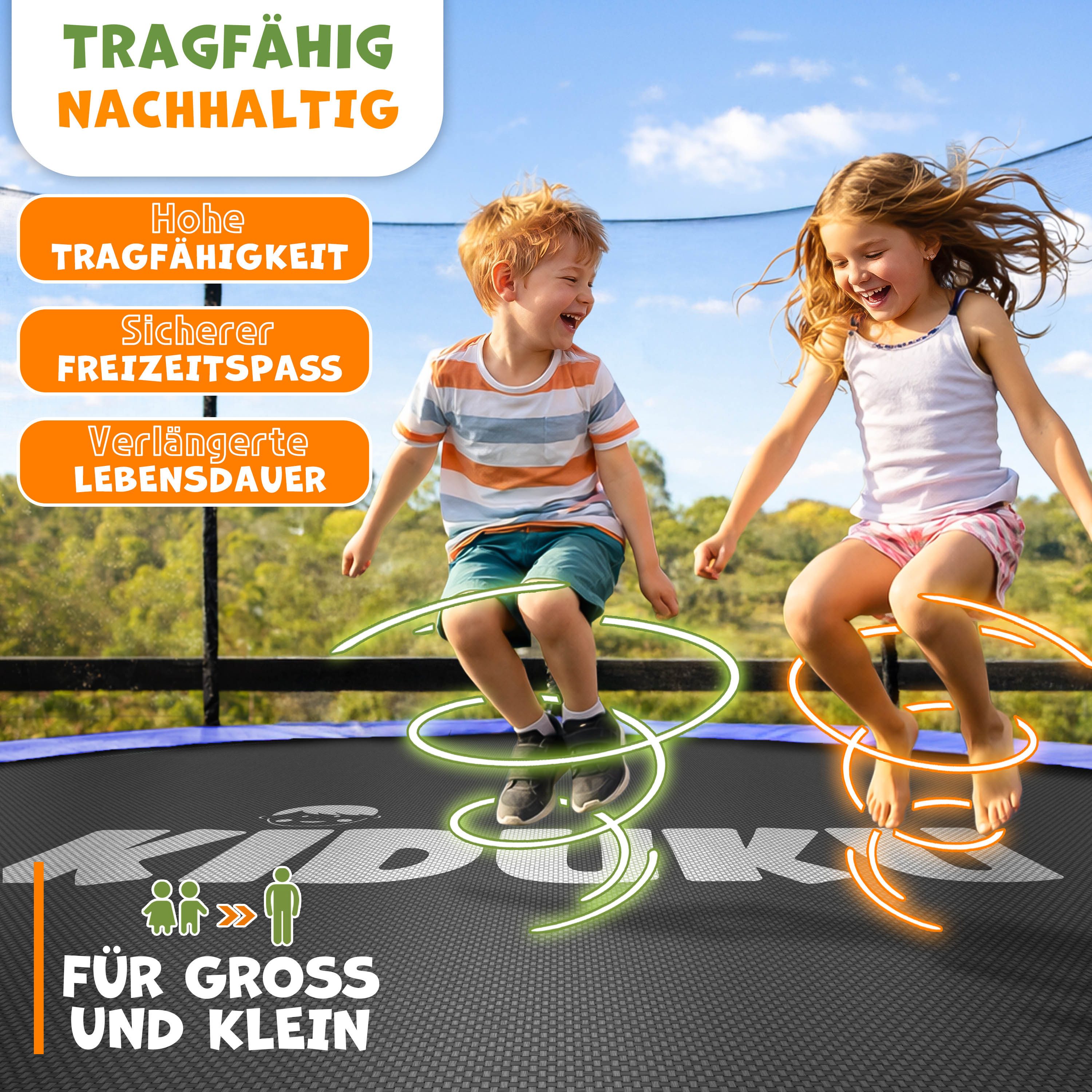 KIDUKU Hochsprungmatte KIDUKU® Trampolin Sprungtuch Ø 244 305 366 427 cm Ersatz Sprungmatte (48-96 Ösen UV-Beständig & Wetterfest Zubehör Ersatzmatte, Garten-Trampolin Trampolinsprungtuch 260g/m² PP), Trampolin Sprungtuch Ø 244 305 366 427 cm Ersatz Sprungmatte