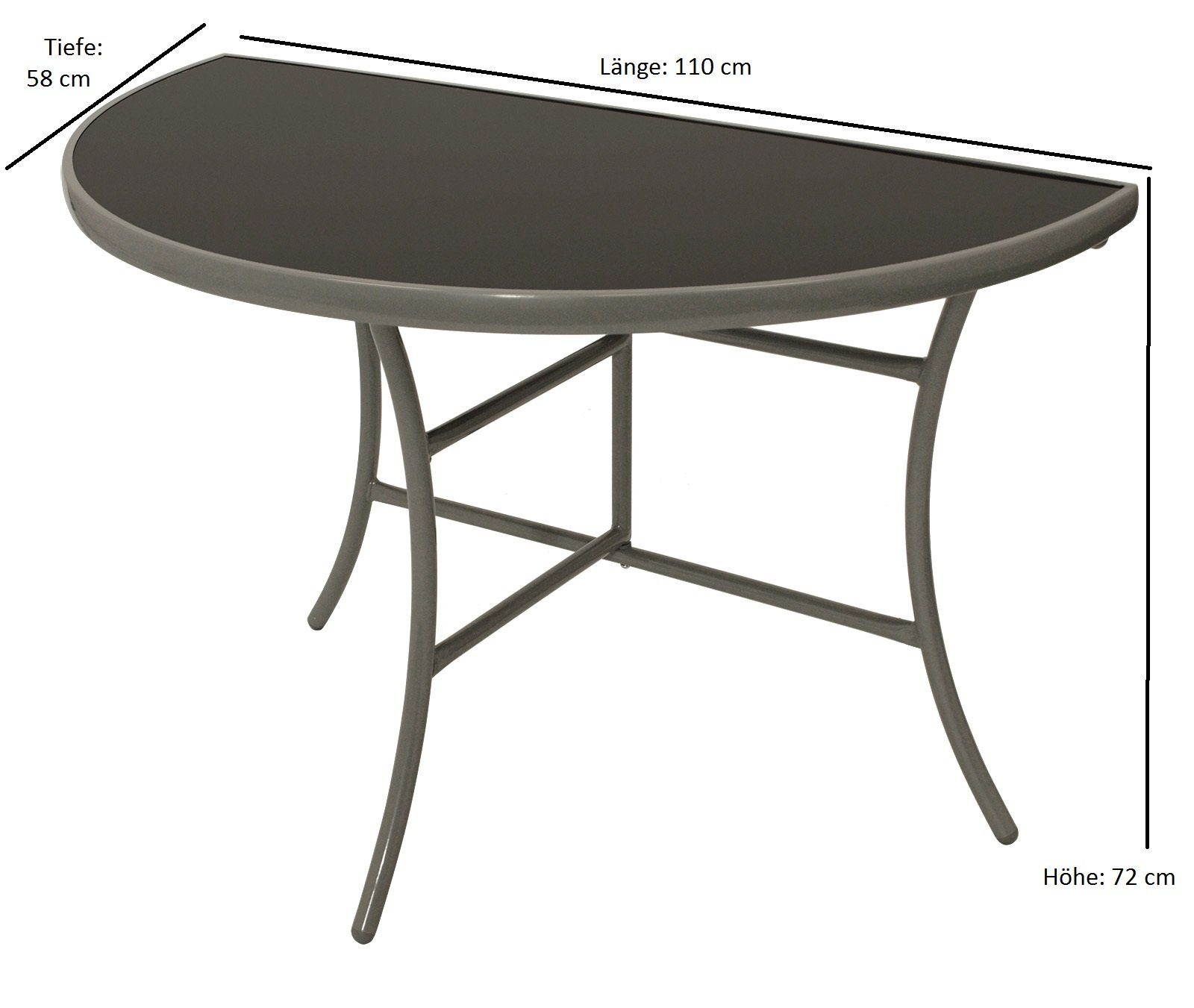 / (1-St), grau, DEGAMO schwarz Form Palermo halbrunde Gartentisch Metall Aluminium 58x110cm, Glas