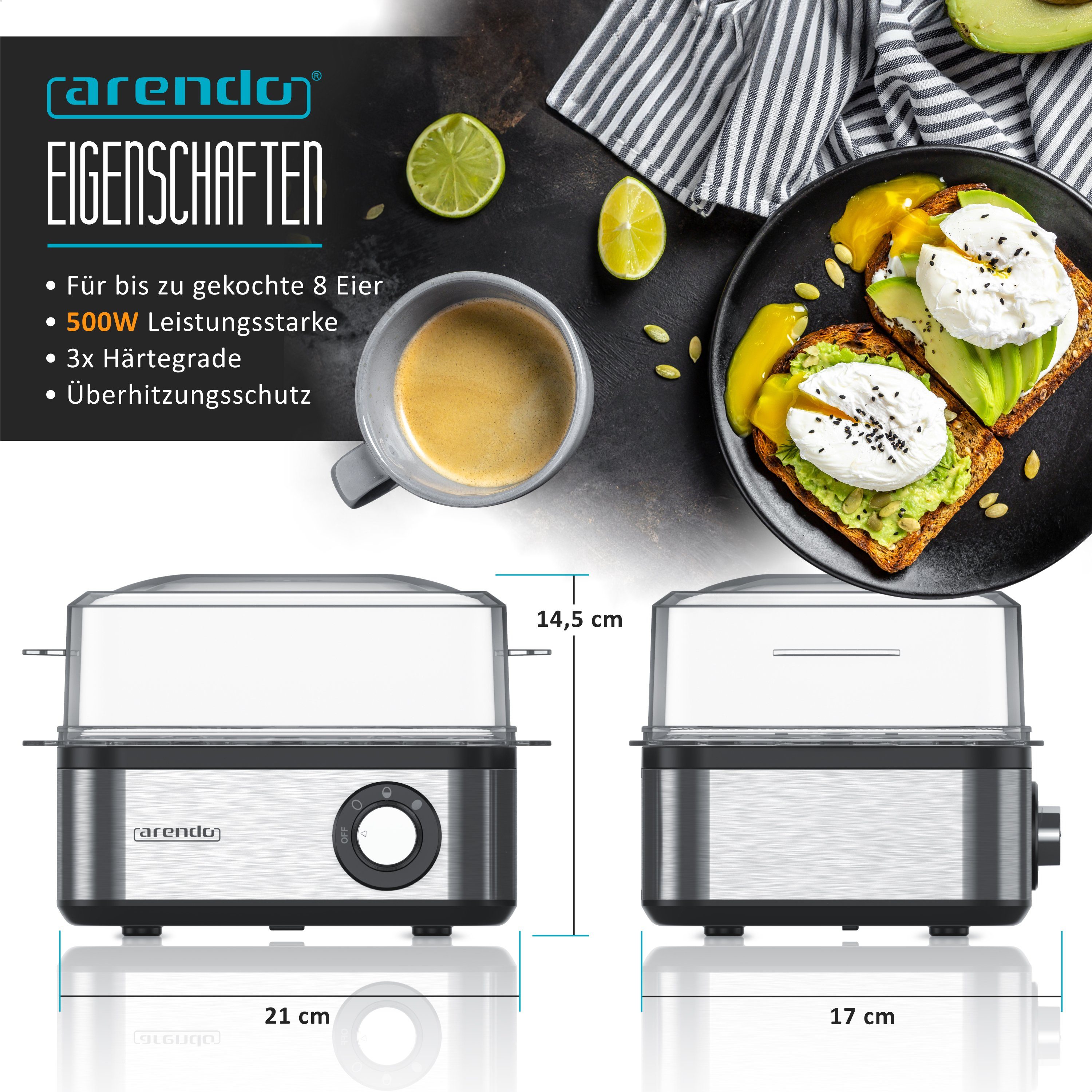 Arendo Eierkocher 8-fach, Edelstahl, mit Warmhaltefunktion, frei wählbarer Härtegrad, Anzahl Eier: 8 St., 500 W, für 1 bis 8 Eier, Drehregler für 3 Härtegrade, spülmaschinengeeignet