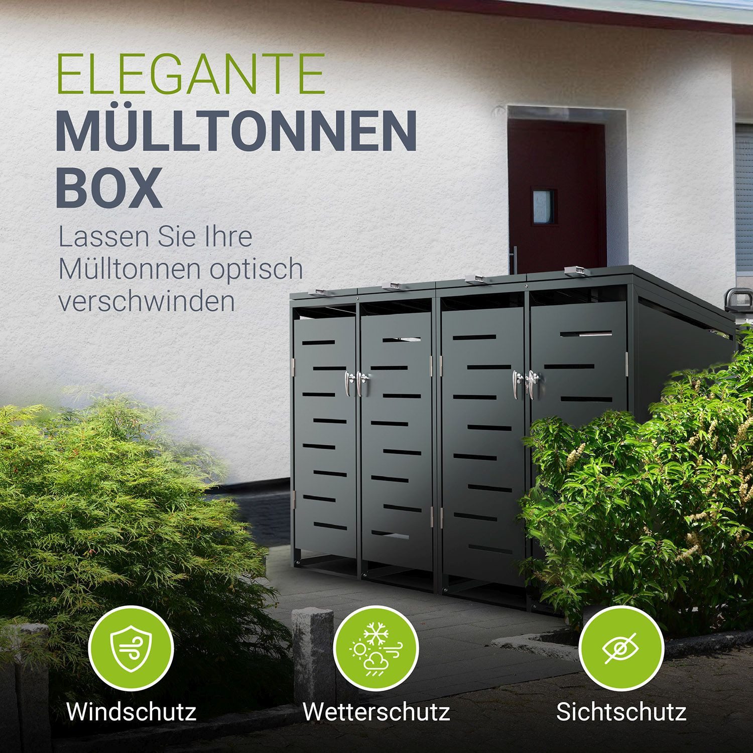 Thumbnail - Juskys Mülltonnenbox Arel, 4er Metall Müllbox mit Dach, 120 Liter Tonne, abschließbar & modern