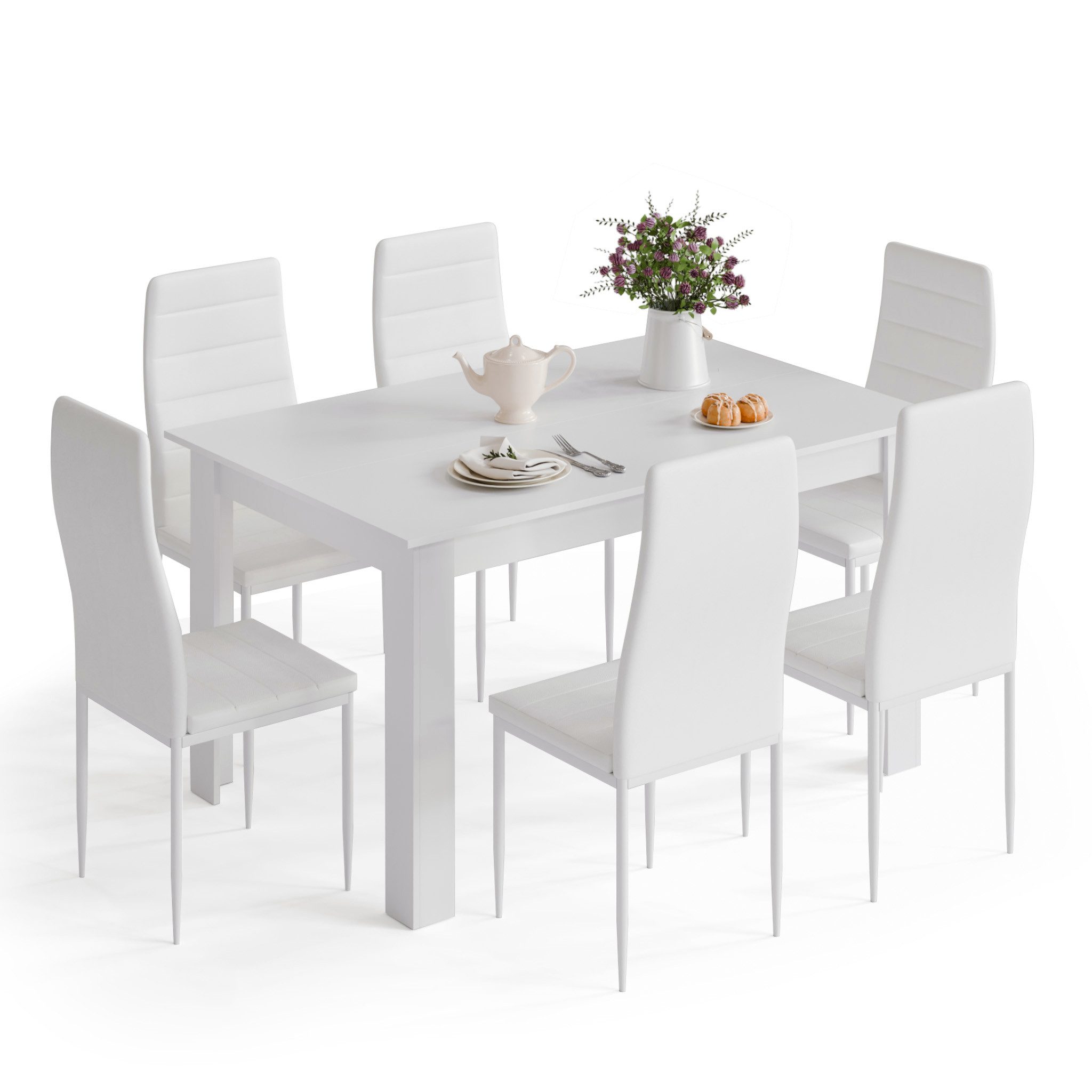 Mondeer Essgruppe Esszimmergruppe (Set, 7-tlg), Spanplatte & Lederimitat, Zweifarbig, Ergonomisch, Weiß